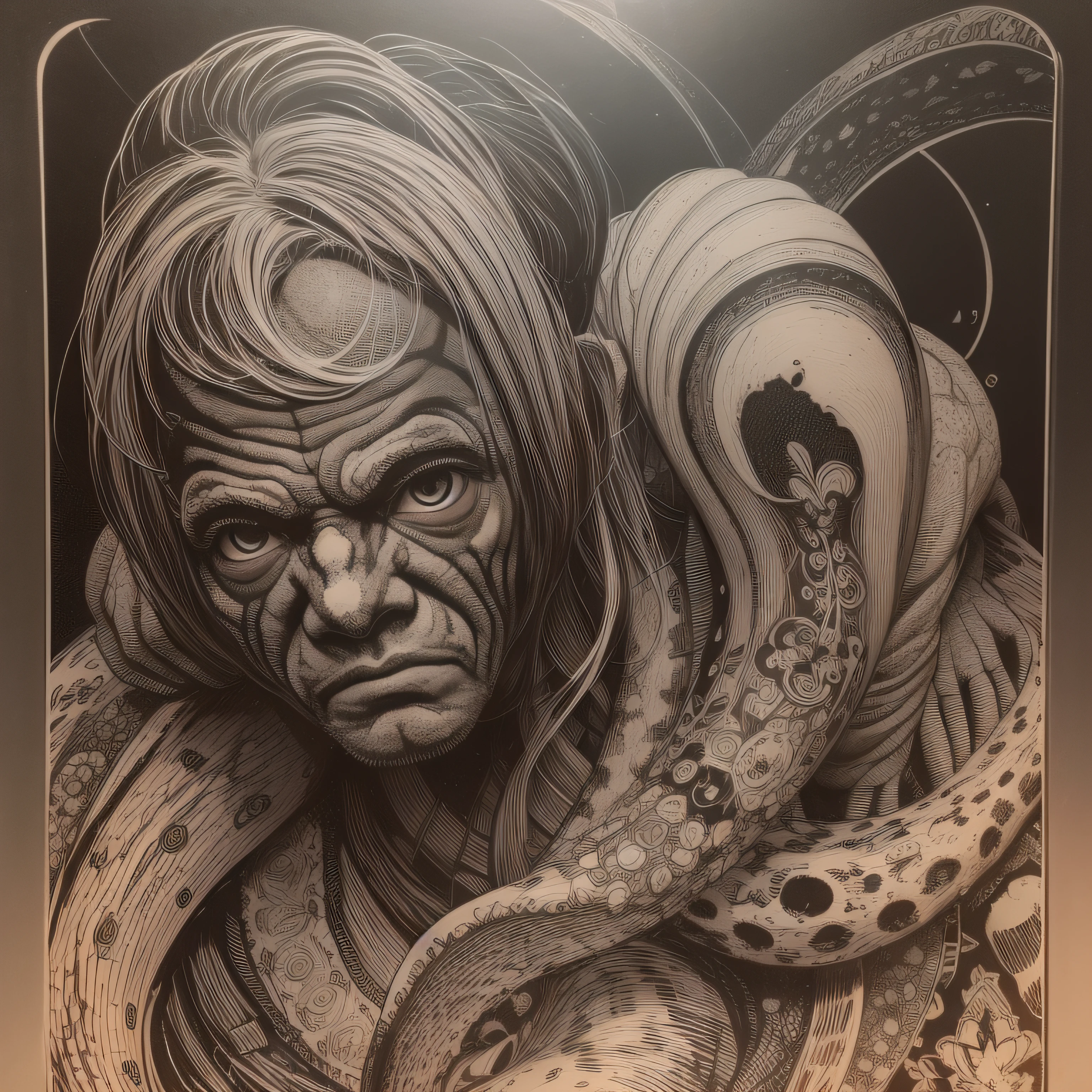 (extremadamente detallado, obra maestra, La mejor calidad), Estilo oscuro, intense illumination, rostro con arrugas, lengua larga, tentacle, deforme, monstruoso, alien con Colmillos finos, pico de pulpo amenazante. manchas de tinta. Rococo composition. Luz de caravaggio