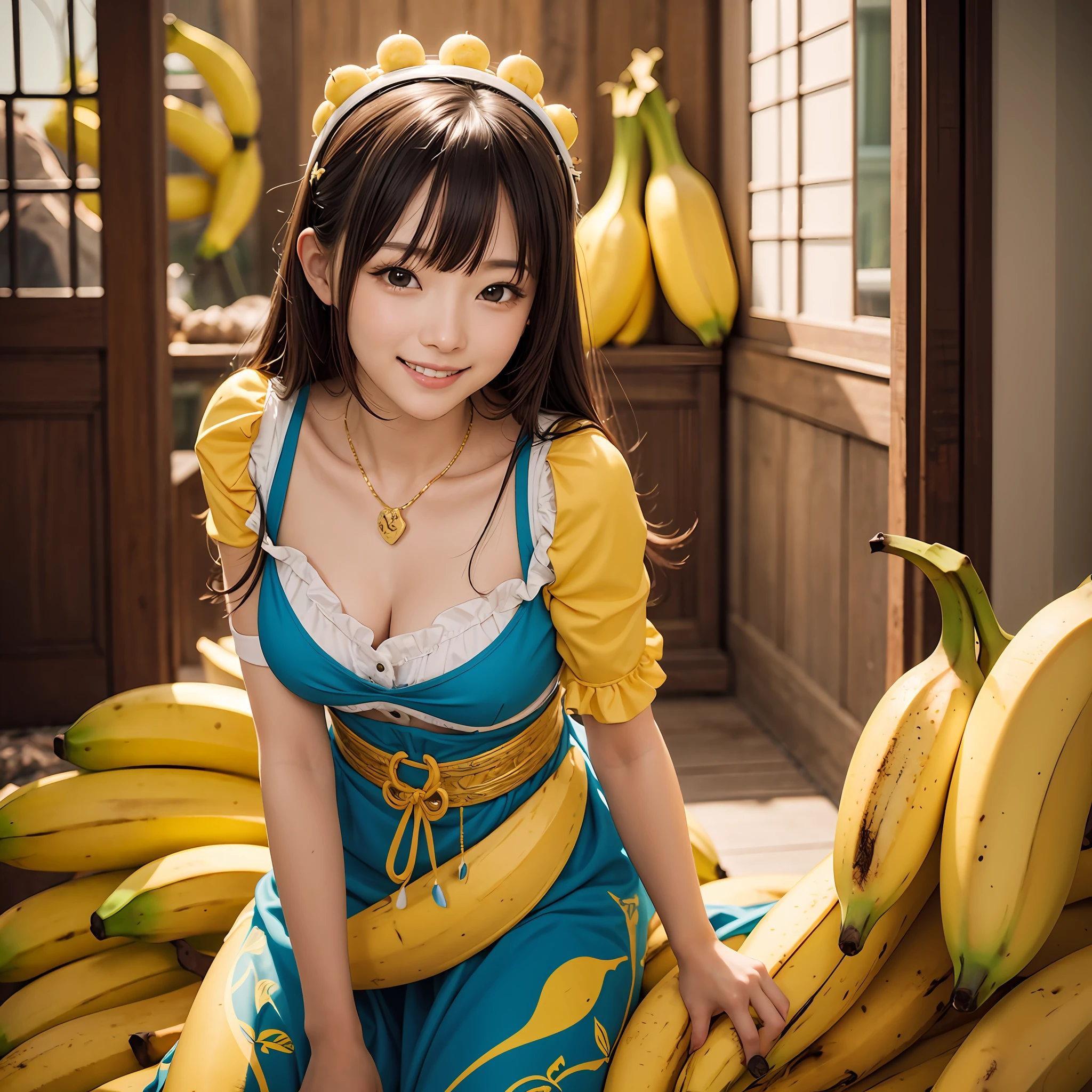 masterpiece、top-quality、realisitic、Photorealsitic、Banana-themed kingdom、Banana-themed castle、Princess in banana themed dress、A Japanese Lady、Banana Accessories、Banana Jewelry、Surrounded by lots of bananas、Soldier in armor with banana motif、Bright décor、A smile、dynamic ungle、动态照明