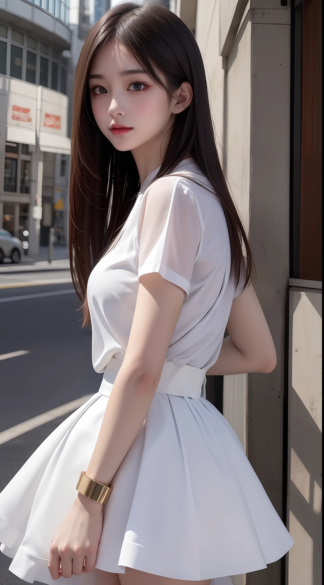 4K ultra, masterpiece, a girl, good face, detailed eyes, straight hair, very long hair, skirt, half skirt, white color skirt, shinning, high lights, realistic background, whole body capture,