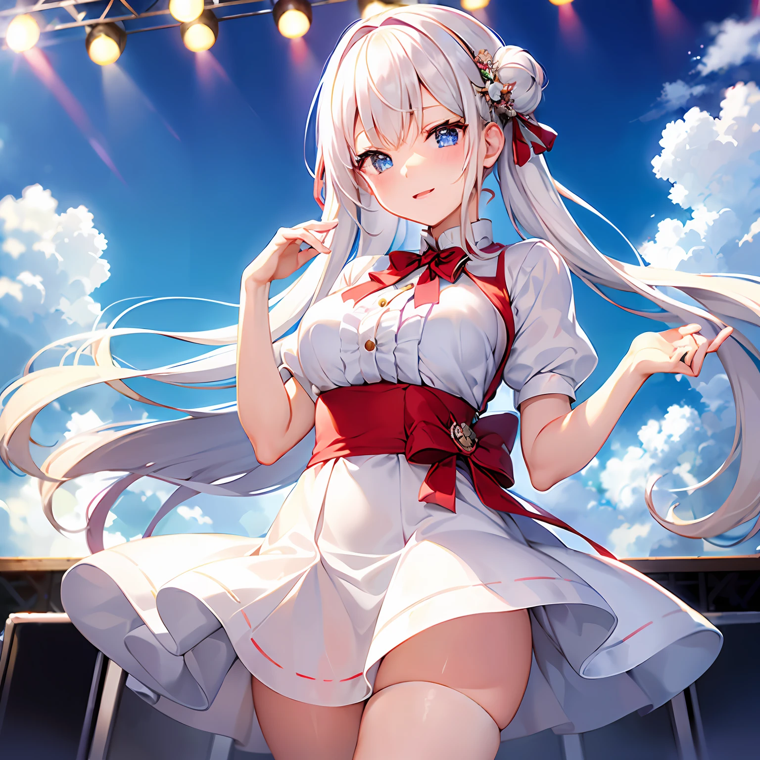 (masutepiece, Best Quality:1.2), 1 girl in、独奏、Idol、blanche、White hair、Beautiful and delicate skin、Beautiful delicate blue eyes、Cute、校服、Say everyone is cute、Redness of cheeks、Wear a beautiful and delicate uniform、She wears a beautiful red ribbon in her hair.、skirt by the、middlebreasts、Put your hands behind your back、Background with、stage、