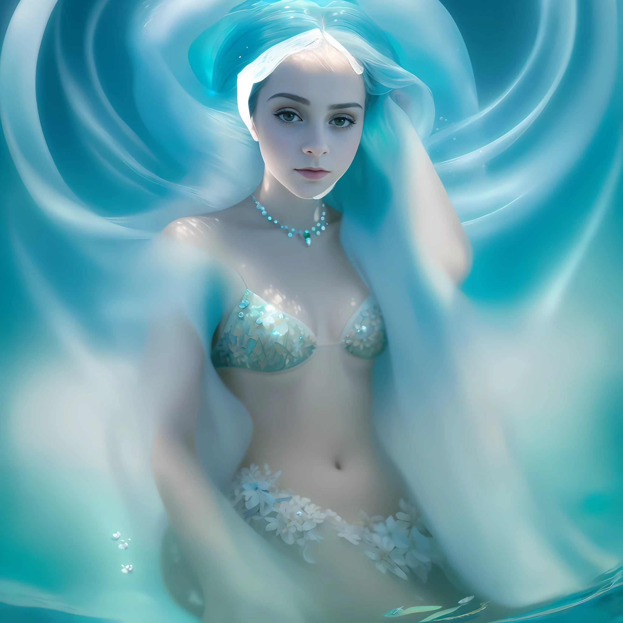 pintura de uma mulher sereia, com olhos azuis simetricos e cintilantes, naris bem desenhado, with an expression of sweetness, paz, calmaria no rosto, em um traje de escamas prateadas, com um cabelo branco, Retrato da rainha sereia, inspirado em Ray Caesar, Retrato da Sereia, Emma Watson como uma sereia, Emma Watson como Sereia do Mar, No estilo de Anna Dittmann, closeup fantasy with water magic, sitting in her throne underwater, No estilo de Ross Tran, ariana grande as a mermaid