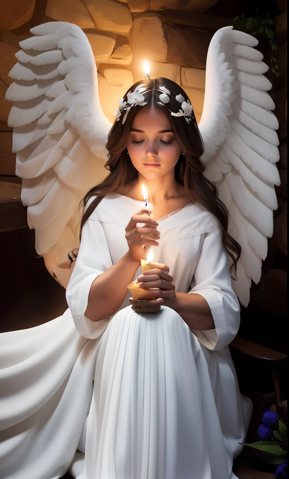 Lindo anjo com roupas claras, cabelos loiros. Sitting at a table with several lit candles. Mystical and mysterious environment. Rosto muito limpo e barbeado.