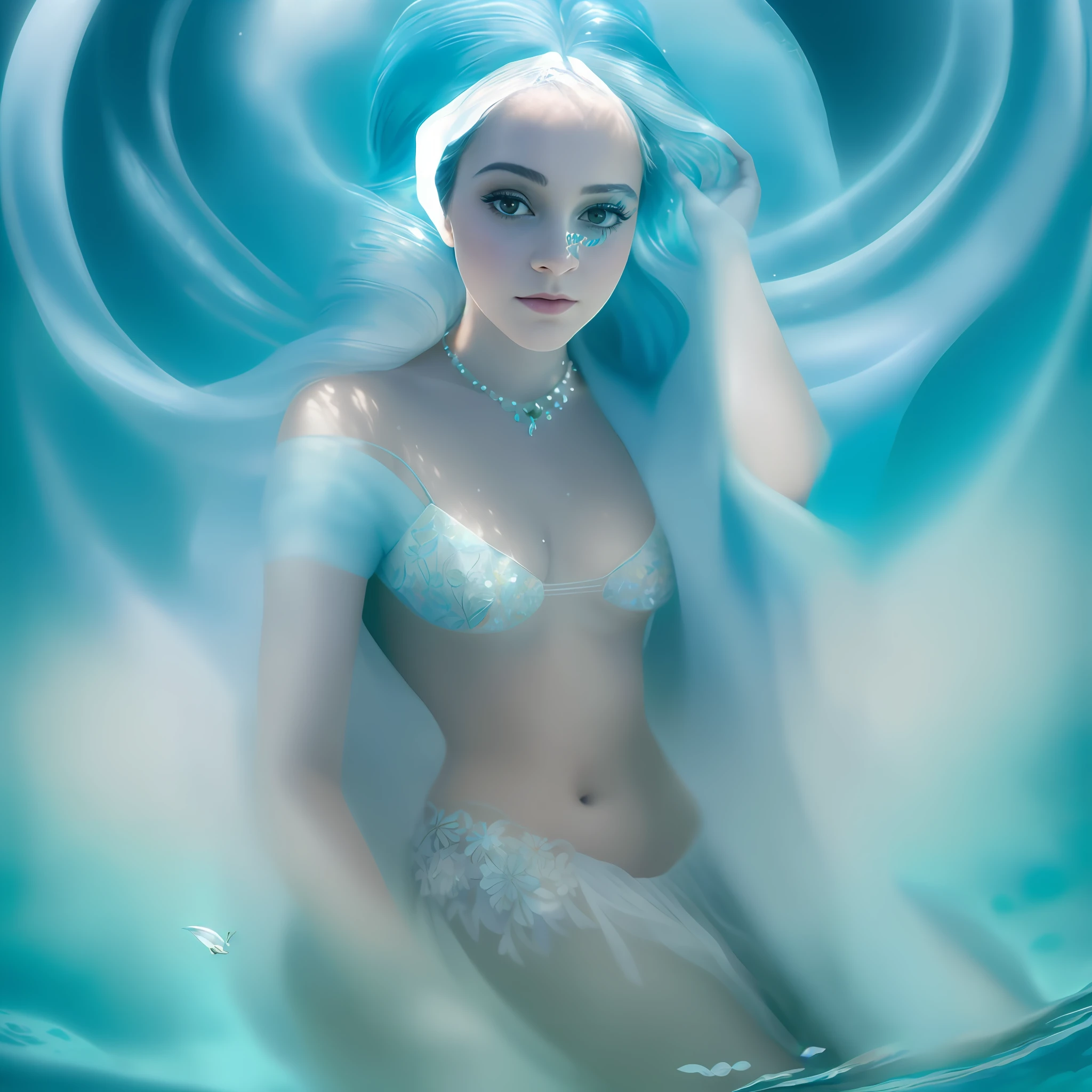 pintura de uma mulher sereia, com olhos azuis simetricos e cintilantes, naris bem desenhado, with an expression of sweetness, paz, calmaria no rosto, em um traje de escamas prateadas, com um cabelo branco, Retrato da rainha sereia, inspirado em Ray Caesar, Retrato da Sereia, Emma Watson como uma sereia, Emma Watson como Sereia do Mar, No estilo de Anna Dittmann, closeup fantasy with water magic, sitting in her throne underwater, No estilo de Ross Tran, ariana grande as a mermaid