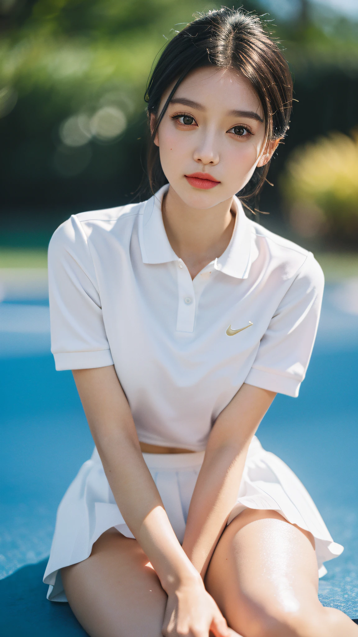 1girll, 独奏, White polo shirt, White sneakers, tennis wear, white mini-skirt, tmasterpiece, Best quality at best, realisticlying, ultra - detailed, (shiny skins, perspired:1.4), looking at viewert, with short black hair, with brown eye,slenderness,Dynamic light and shadow,A high resolution,Sharp focus,depth of fields,The eyes are delicate,Sharp pupils,pupil realistic,smallunderboob,(Thigh thick:1.0),exteriors,Skysky