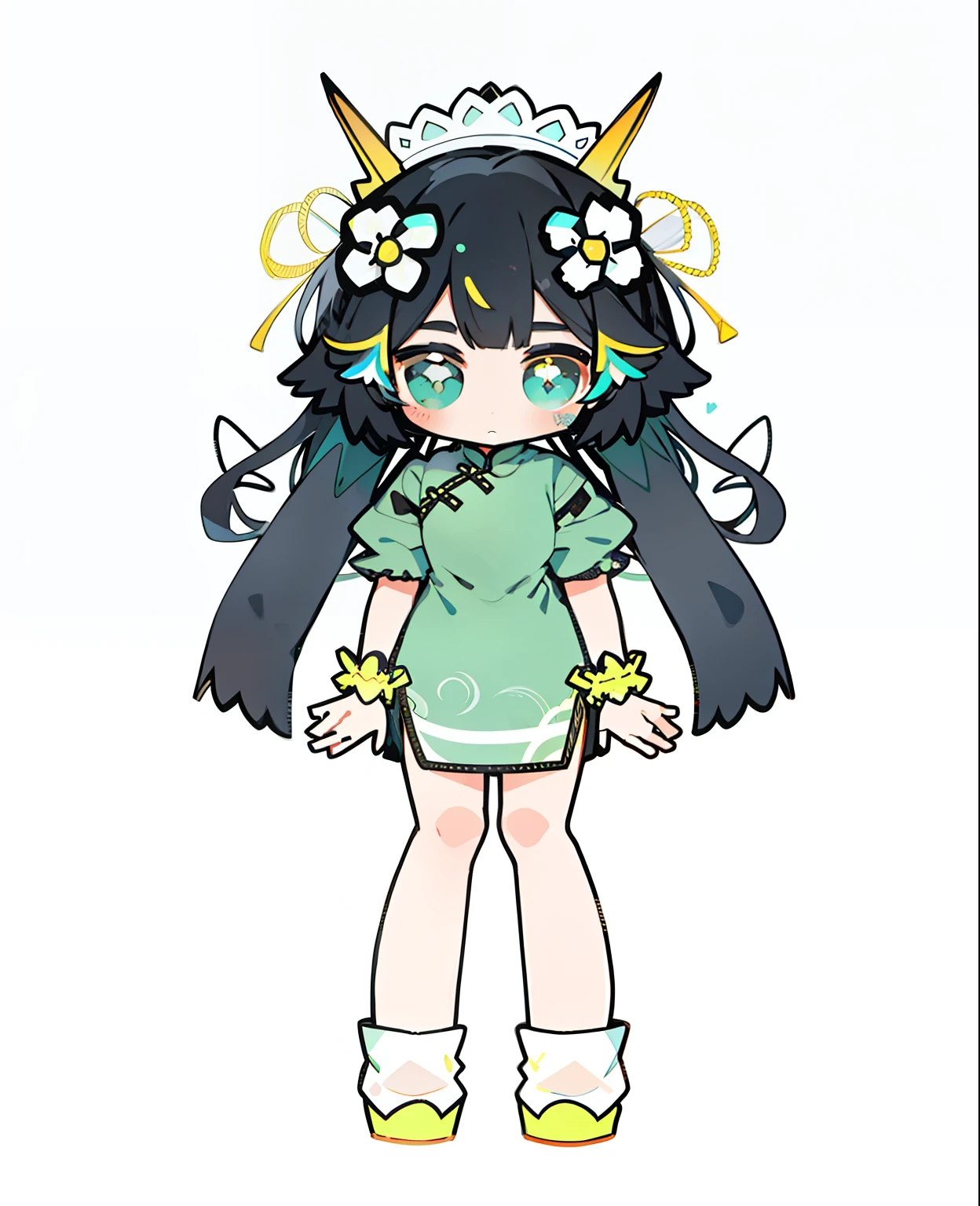 A cartoon girl with black hair and light green cheongsam, full body adoptable, Full body picture, small curvaceous , anime moe art style, inspired by Kanbun Master, character adoptable, resin, Mihoyo art style, girl design lush horns, tchibi, Flat anime style, Anime Stylization, Lolill bodyesbian!, Little loli giruble ponytail double pill head Emerald green glasses