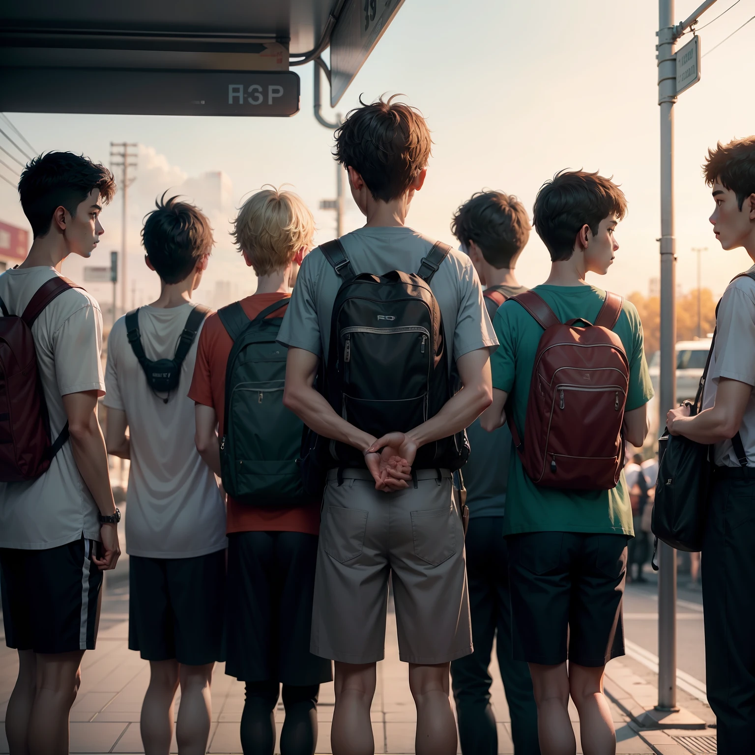 7 boys waiting at bus stop at 7 pm everyone wears casual dress , 4k,realistic,cinematic