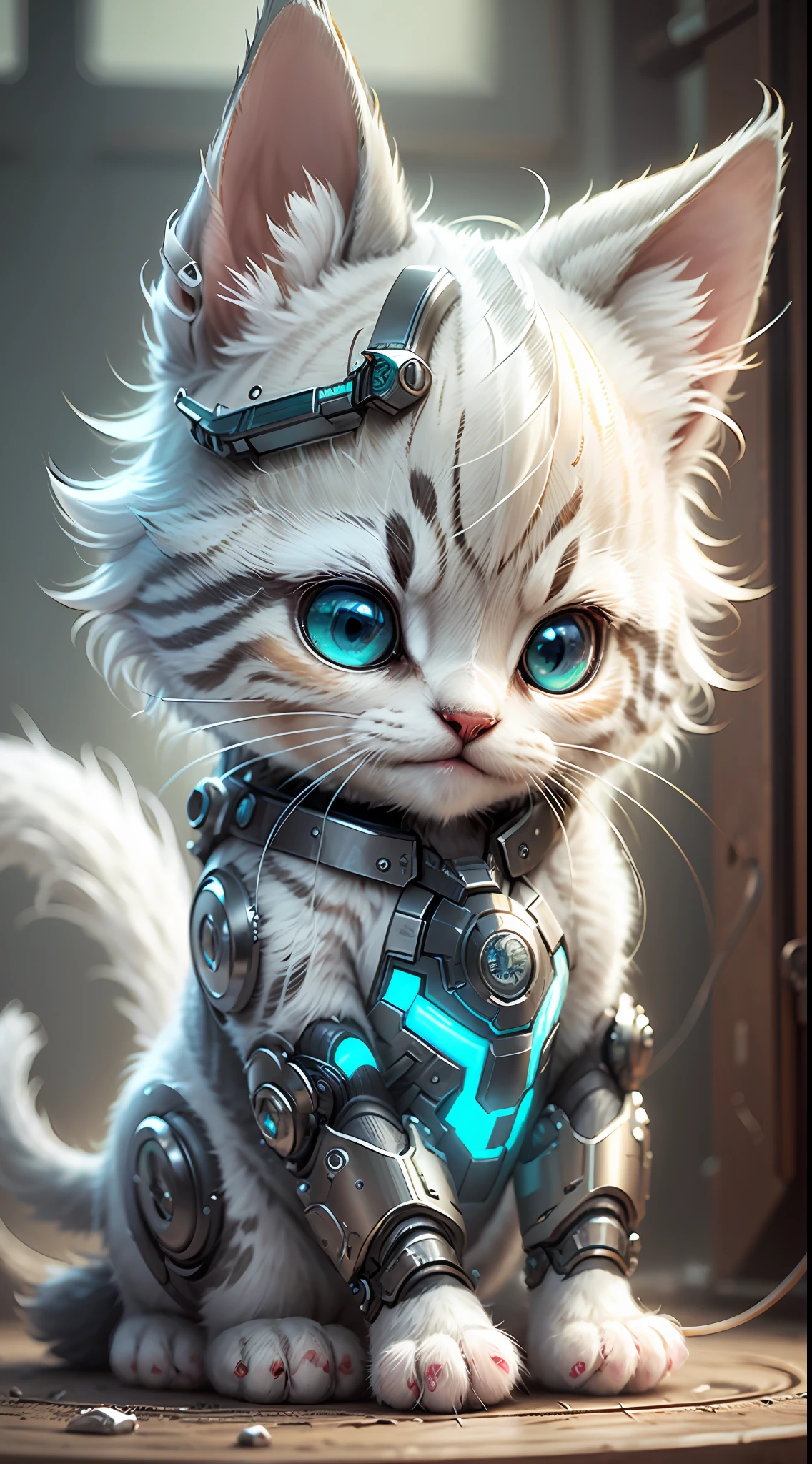 A cute metallic white fur kitten，(Cyborg:1.1)，([Tail|detailed wire]:1.3)，(complexdetails)，hdr，(complexdetails，ultra - detailed:1.2)，Cinema lenses，Halo shadow，at centre，White-haired kitten！！！，green color，ssmile，Funny，crystal，brightly