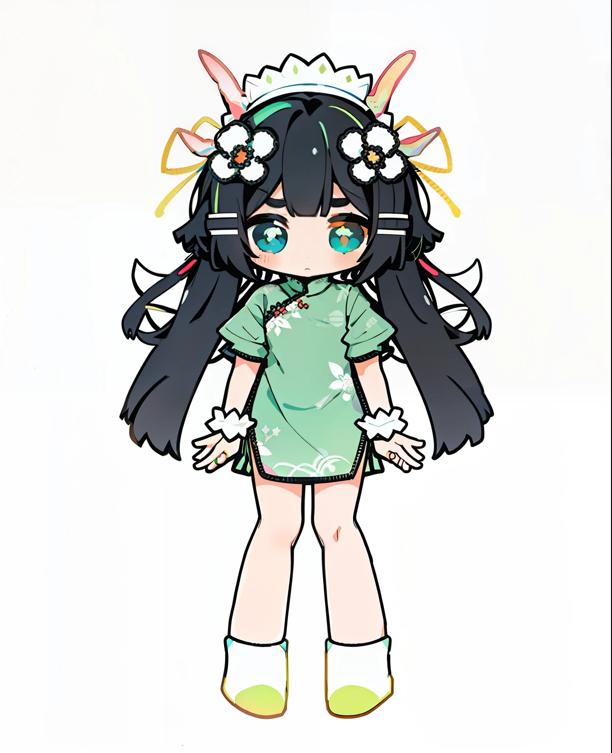 A cartoon girl with black hair and light green cheongsam, full body adoptable, Full body picture, small curvaceous loli, anime moe art style, inspired by Kanbun Master, character adoptable, resin, Mihoyo art style, girl design lush horns, tchibi, Flat anime style, Anime Stylization, Loli, full bodyesbian!, Little loli girl double ponytail double pill head Emerald green glasses