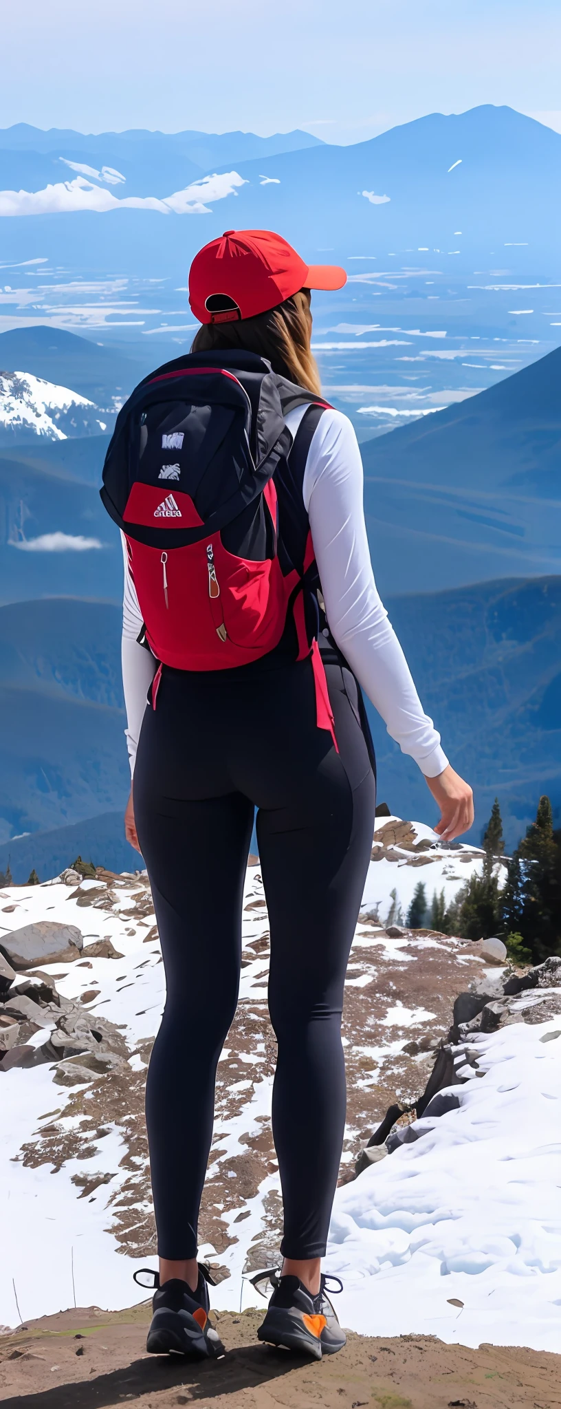 Arafed woman with a backpack standing on a mountain, roupas de caminhada, cintura - tiro, girl standing on mountain, com montanhas no fundo, standing on mountain, com montanhas ao fundo, standing on the top of a mountain, nas montanhas, Standing on top of a mountain, nas montanhas, com montanhas como pano de fundo, distant full body view