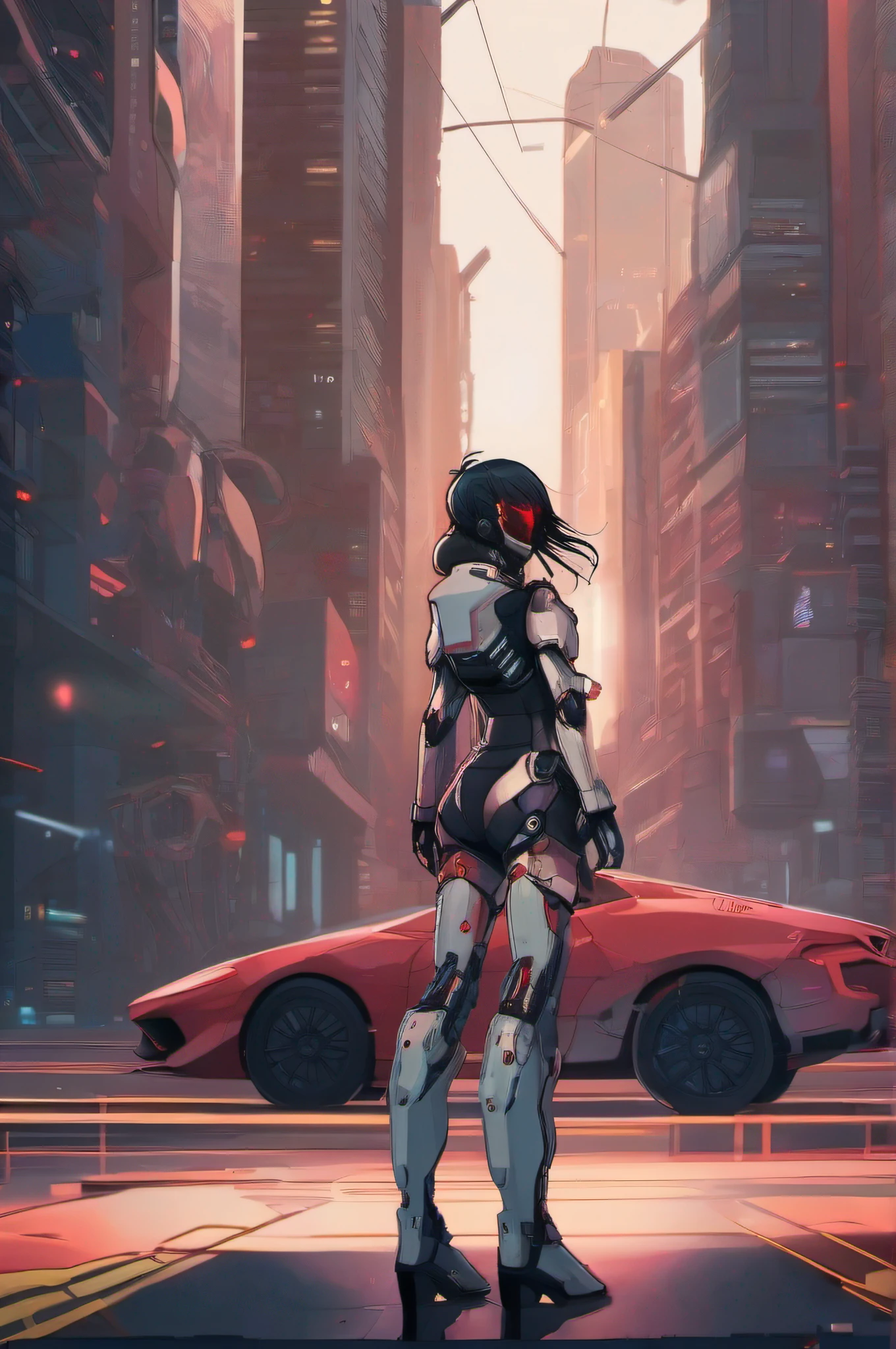 Frontal anime girl with red eyes and futuristic suit standing in front of the city, cyberpunk anime girl mech, girl in mecha cyber armor, Digital cyberpunk anime art, anime cyberpunk art, female cyberpunk anime girl, cyberpunk anime girl, cyberpunk anime art, female mecha, cyberpunk theme art, digitl cyberpunk - anime art, Advanced digital cyberpunk art, Cyberpunk art style Body edge glows Large mech cha in the background