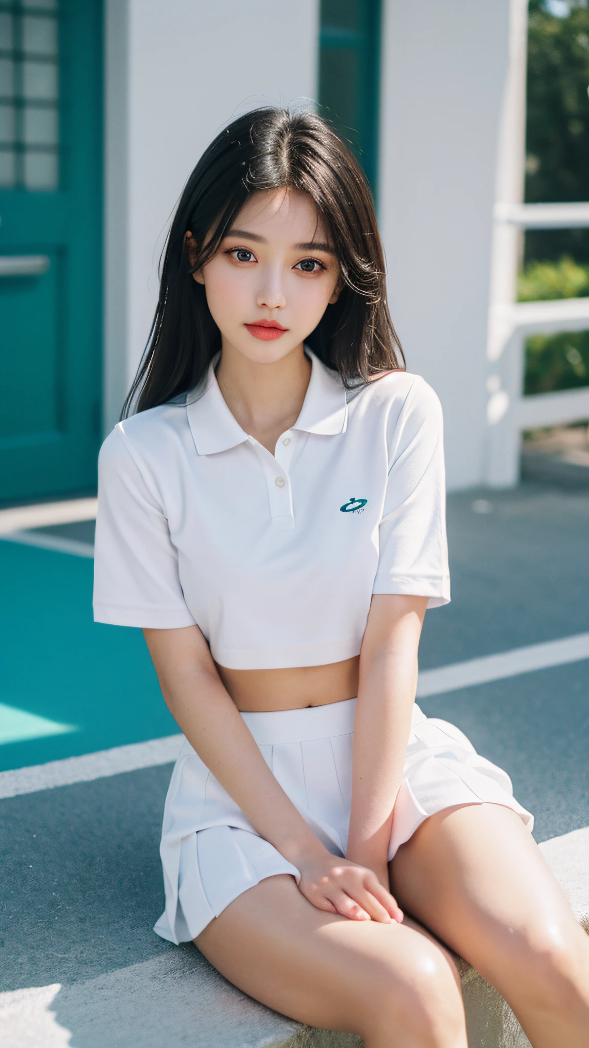 1girll, 独奏, White polo shirt, White sneakers, tennis wear, white mini-skirt, tmasterpiece, Best quality at best, realisticlying, ultra - detailed, (shiny skins, perspired:1.4), looking at viewert, with short black hair, with brown eye,slenderness,Dynamic light and shadow,A high resolution,Sharp focus,depth of fields,The eyes are delicate,Sharp pupils,pupil realistic,smallunderboob,(Thigh thick:1.0),exteriors,Skysky