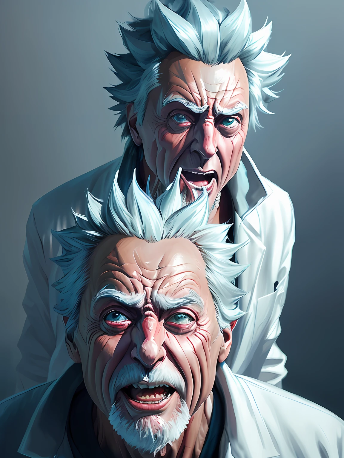 (Rick Sanchez portrait), cartoon style, old man, rick and morty universe, ((wearing in a white coat of a scientist, blue t-shirt)), big mad eyes, ((saliva at the mouth)), (muscular:1.8), blue portal
Atey Ghailan, by Jeremy Mann, Greg Manchess, Antonio Moro, trending on ArtStation, trending on CGSociety, Intricate, High Detail, Sharp focus, dramatic, photorealistic painting art by midjourney and greg rutkowski, bokeh on background