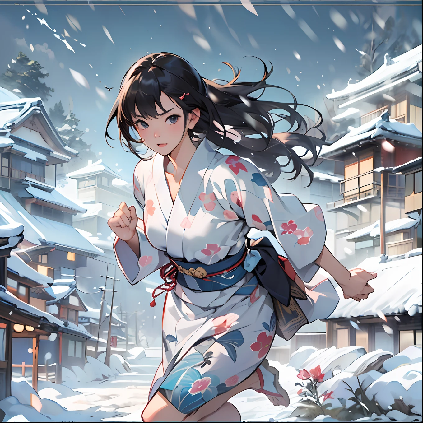 (top-quality、8K、32K、masterpiece、nffsw:1.3)、(Attractive Japanese Woman Pictures)、Girl running on a snowy field、White Yukata、A dark-haired、Black eye、A look of bewilderment、bob cuts