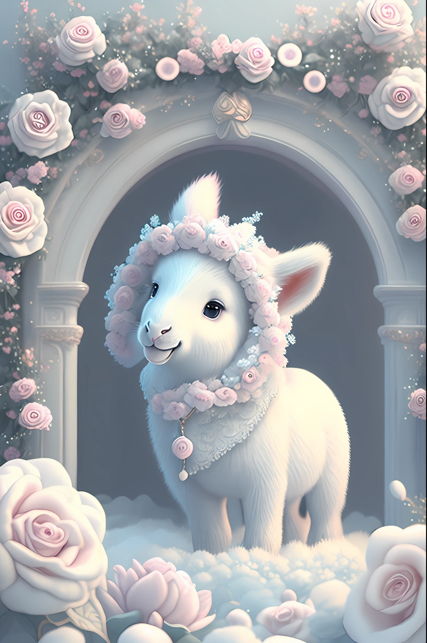 In this ultra-detailed CG art, cute horse surrounded by ethereal roses, laughter, best quality, high resolution, intricate details, fantasy, cute animals, open mouths, laugh!!