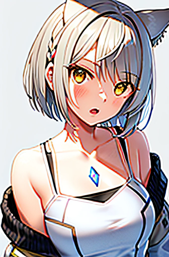 mio \(xenoblade\),

1girl, animal ears, bare shoulders, grey hair, braid, breasts, jacket, looking at viewer, off shoulder, open mouth, short hair, solo, white gloves, yellow eyes,