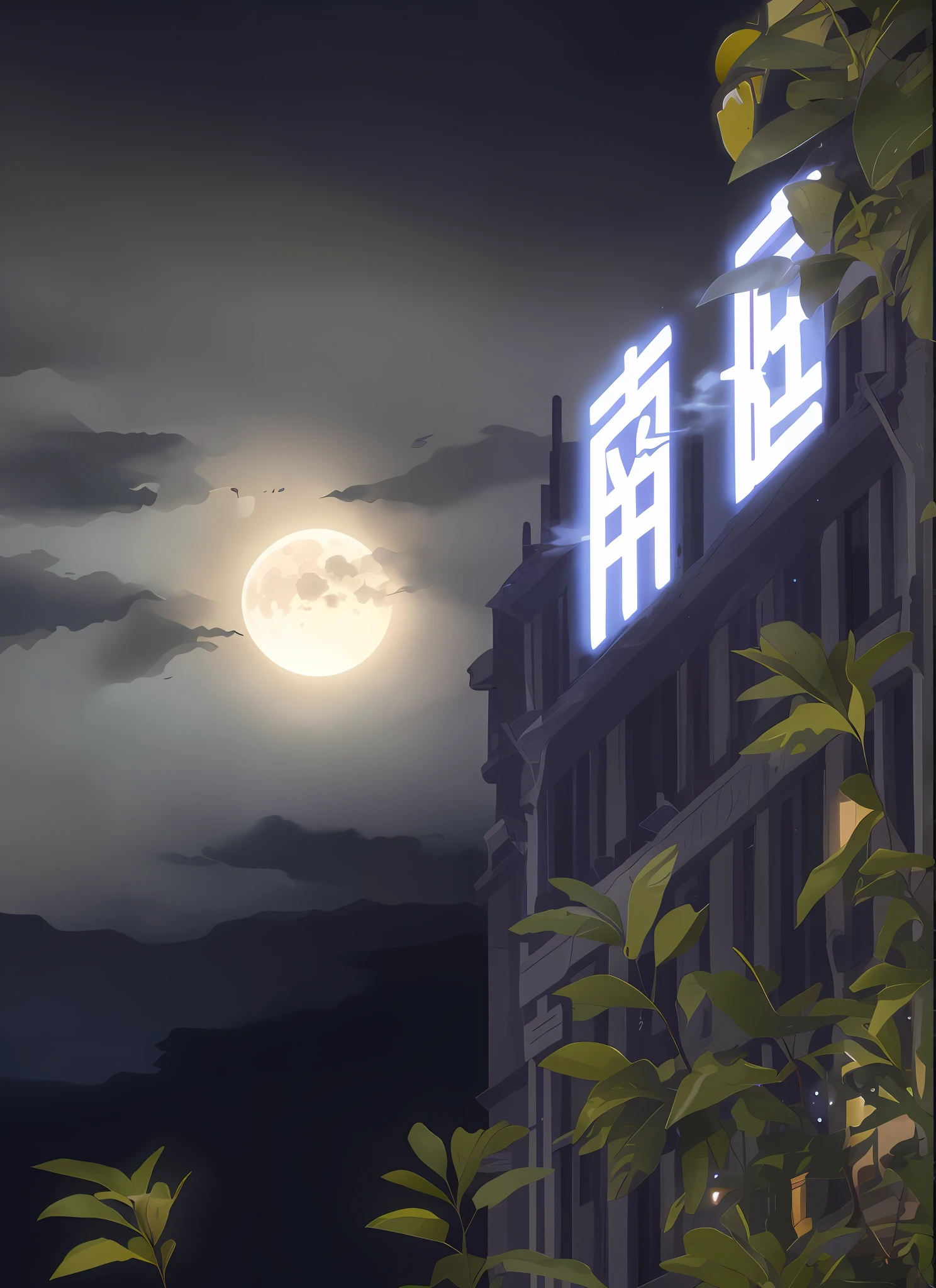 Night view of a building with a full moon in the sky, Anime background art, anime style cityscape, anime backgrounds, calm evening. Digital illustration, random background scene, Anime landscapes, anime movie backgrounds, nighttime scene, in the style of makoto shinkai, street moon landscape, 4K anime wallpaper, night - time city background, style of madhouse studio anime