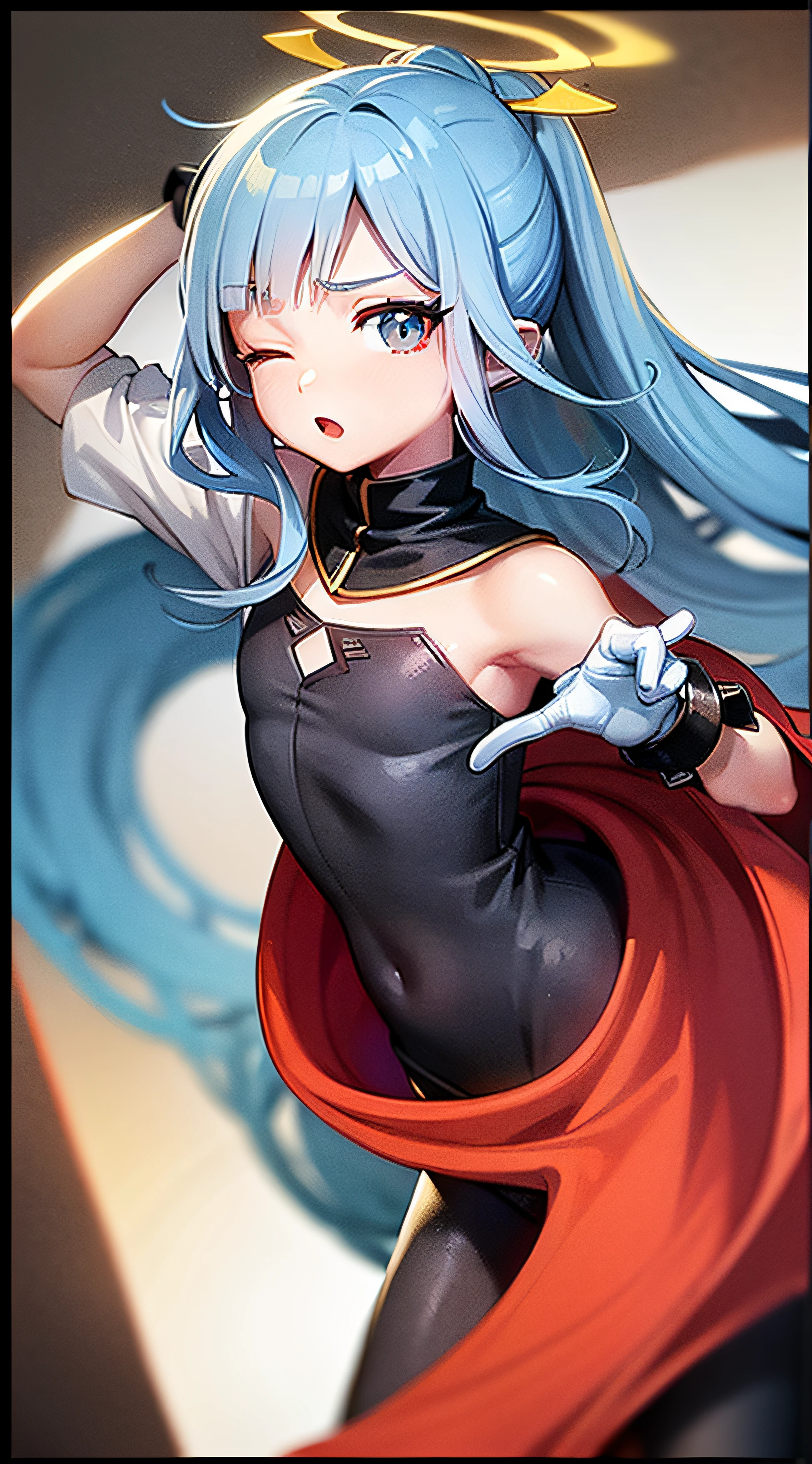 (Highest Quality), (Masterpiece), (Super Detailed), (Eye Detail: 1.0), (Lens Flare: 1.0), (Movie Poster: 1.0), (Tarot Border: 1.0), Portrait Center, (Closeup: 1.0), (Negative Space: 0.8), (Negative Space: 1.6), (Solo), (Floating Color Mesh: 1.0), (Many Color Spikes: 1.0), (Floating Droplets: 1.0), ( Water Magic: 1.0), (Dappled Sun, Rays, Caustics: 1.2), (Iridescence: 1.0), (Beautiful Detail Halo: 1.0), (Lean Back: 1.2), (Grim Expression: 1.0) ,(small:1.0),(open mouth:1.0),(eyelashes),one eye closed,(light blue hair:1.4),(long hair:1.0),(facing viewer:1.3),(head tilt : 1.0), (dynamic pose: 1.1), (asymmetrical hair: 1.2), (orange, (casual, casual), (layered skirt), (gray eyes: 1.4), oblique bangs, high double ponytail, diamond hair ,long coat,(flowing cloak: 1.0),,(abstract background:1.4),(:1.1),(jump:1.1),(tan:1.1),(upper body:1.25),thinking,pupil,++,co-feather , strapless, tights, (white gloves: 1.3), black and red double horns, sleepy