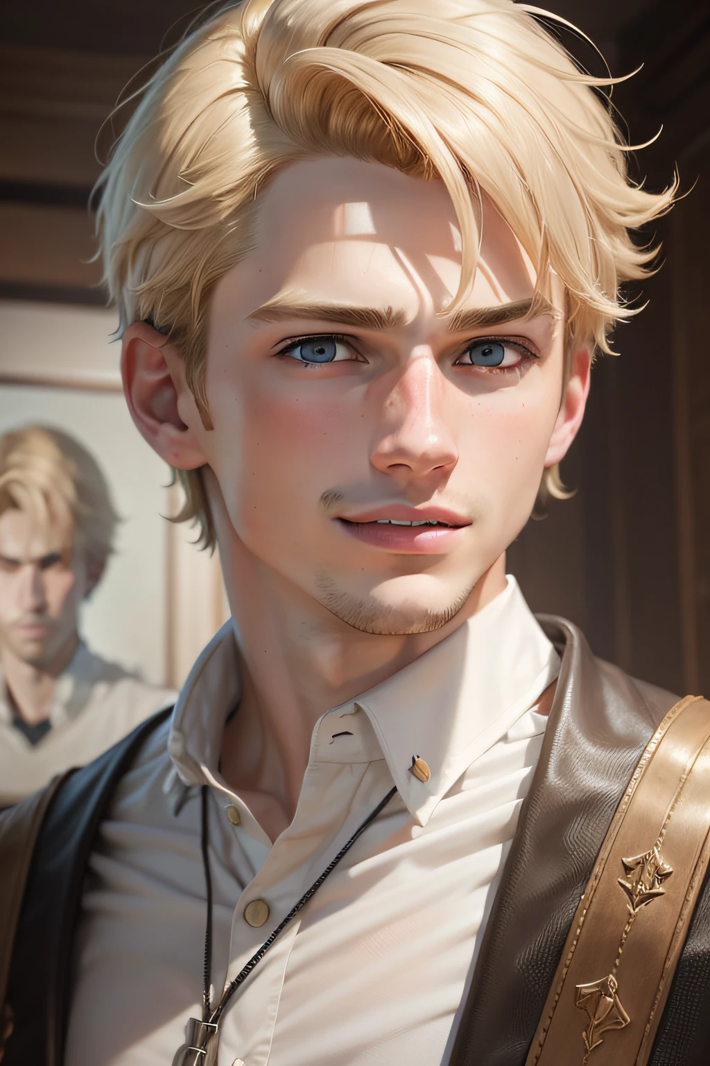 Masterpiece, Best quality, Realistic, 18-year-old man, blond hairbl, Medium and short hair, He is a smiling man, Silly look，Dramaticlight, 8K, A look of determination, Portrait, Extremely detailed face, Intricate details, Highly detailed, Sharp focus, A digital rendering, professional, 4K, art  stations, Art germ, fantasy, full bodyesbian