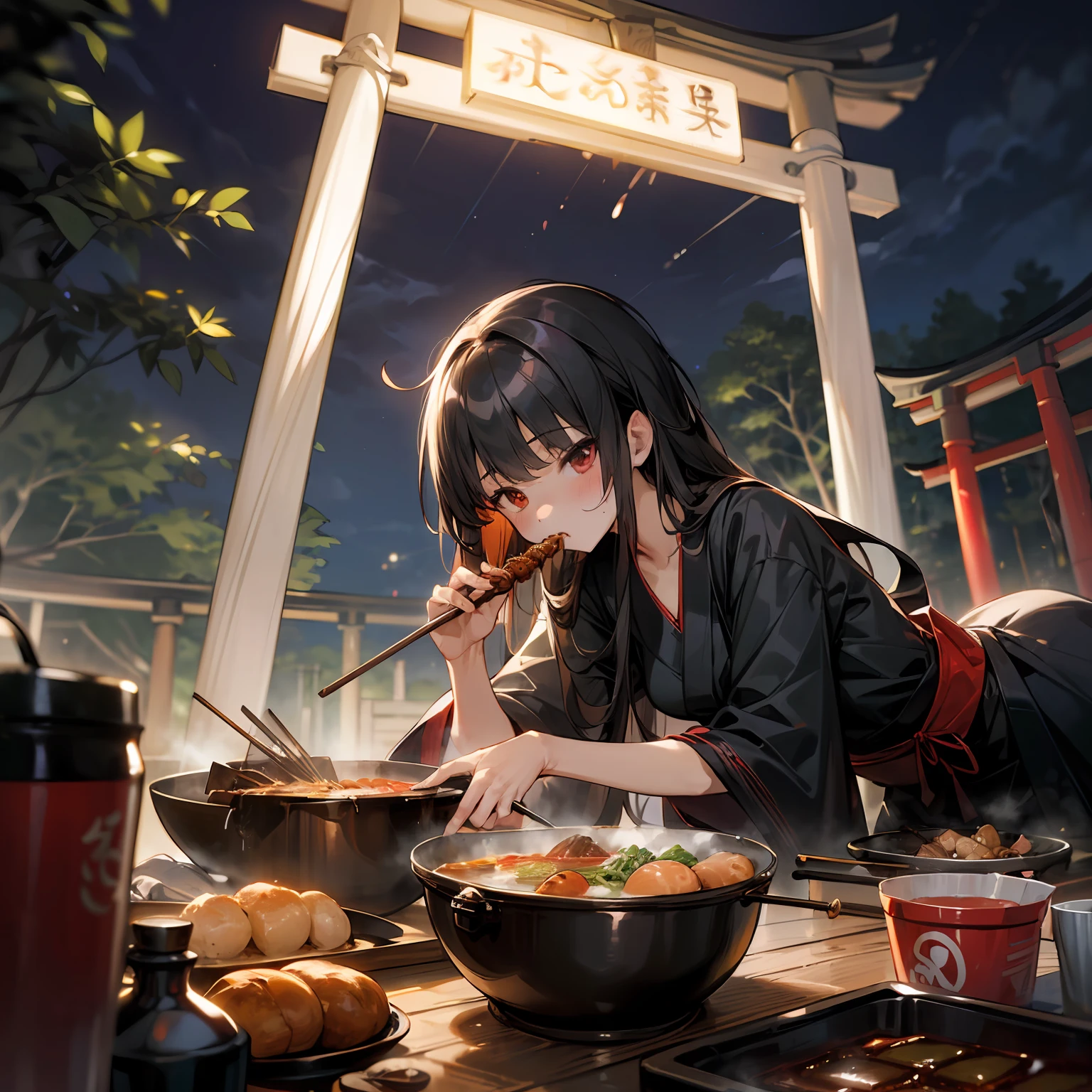 (masterpiece, best quality),(night,trash,junk:1.3),(torii,casserole),1girl,eating,messy,empty can,black hair,long hair,messy hair,red eyes,black clothes,japanese clothes,crate,skewer,tokkuri,sukiyaki,oden,small breasts,lie down on the ground