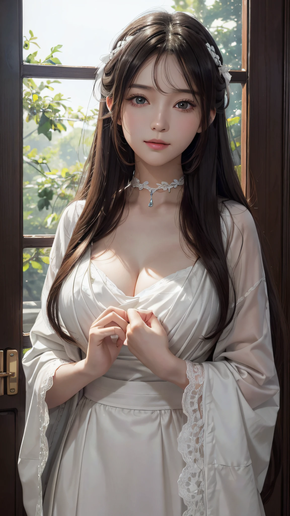 (Hyper-realistic) , (illustratio), (Increase the resolution), (8K), (extremely detaile), (Most Best Illustration), (美丽细致的眼睛), (best qualtiy), (ultra - detailed), (tmasterpiece), ( the wallpaper), (详细的脸), 独奏,1个Giant Breast Girl, looking at viewert, exquisite detailing, 详细的脸, deep shading,low tune,pureerosfaceace_V1, ssmile,long whitr hair,Black shawl straight hair,46 points oblique bangs,Best quality、tmasterpiece、A high resolution、1girll、hair adornments、choker necklace、jewely、pretty face、Physically、Tyndall effect、realisticlying、Shadow Studio、edge lit、bicolor lighting、(highdetailskin:1.2)、8K, Ultra HD、Digital SLR、softlighting、high high quality、volumettic light、sneak shot、photore、A high resolution、4K、8K, Yes、The background is blurred out,