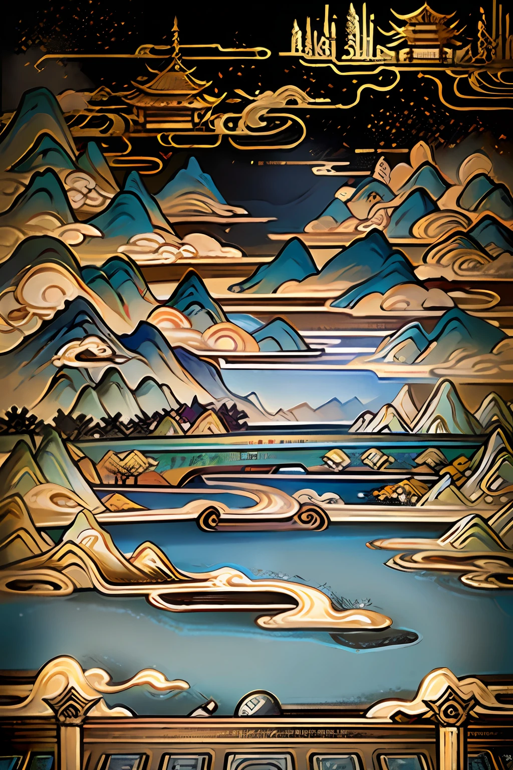 An ancient Chinese painting, ancient Chinese background, mountains, rivers, auspicious clouds, pavilions, sunshine, masterpieces, super detail, epic composition, ultra HD, high quality, extremely detailed, official art, unified 8k wallpaper, Super detail, 32k -- v 6