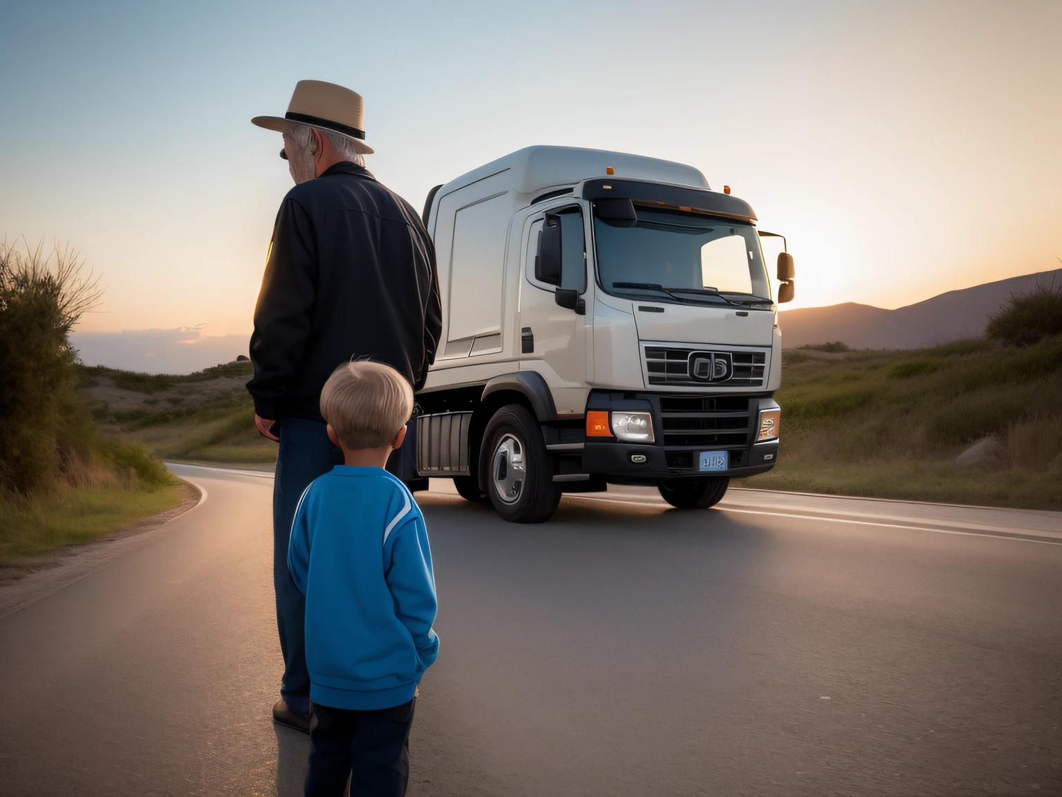 Realistic image of an old man and a child with their backs to the image looking at a truck that is in the background of the image on a road