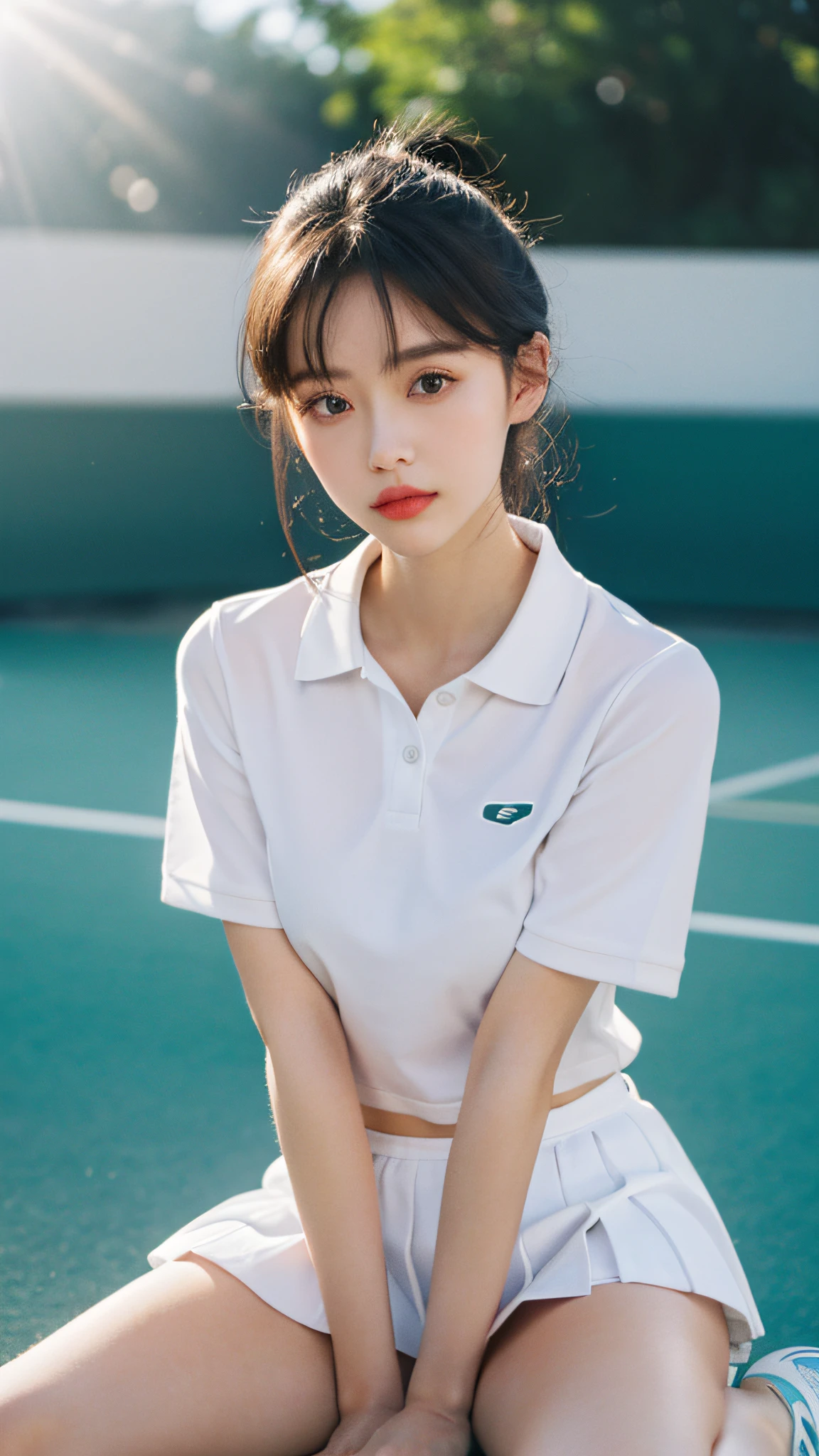 1girll, 独奏, White polo shirt, White sneakers, tennis wear, white mini-skirt, tmasterpiece, Best quality at best, realisticlying, ultra - detailed, (shiny skins, perspired:1.4), looking at viewert, with short black hair, with brown eye,slenderness,Dynamic light and shadow,A high resolution,Sharp focus,depth of fields,The eyes are delicate,Sharp pupils,pupil realistic,(smallunderboob),(Thigh thick:1.0),exteriors,Skysky