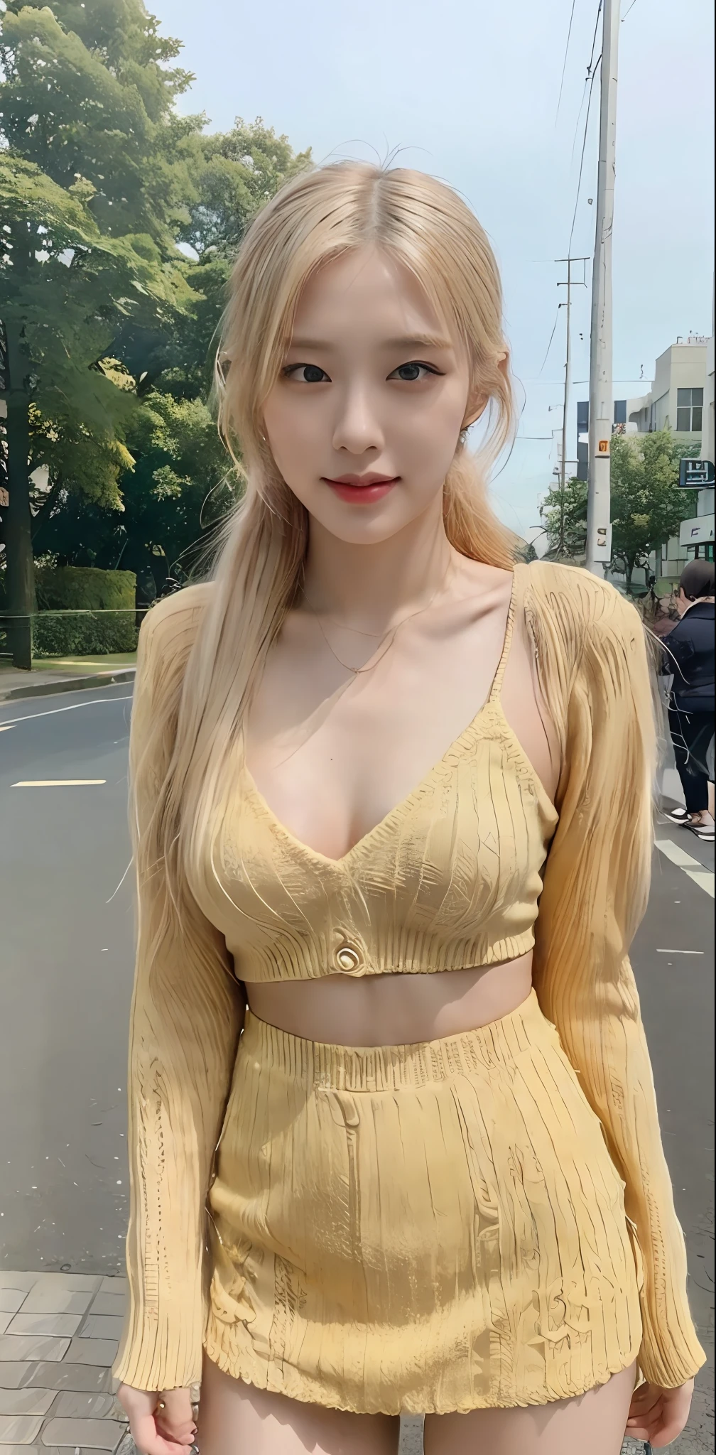((Midnight, Best quality, 8k, Masterpiece :1.3)), Whole body, Long legs, Sharp focus :1.2, A pretty woman with perfect figure :1.4, Slender abs, thigh :1.1, ((bright yellow hair, Big breasts :1.2)), (sweater, shorts skirt, standing :1.2), ((at the street :1.3)), Highly detailed face and skin texture, Detailed eyes, Double eyelid, slightly smile, closer look, from below, happy face, ponytail