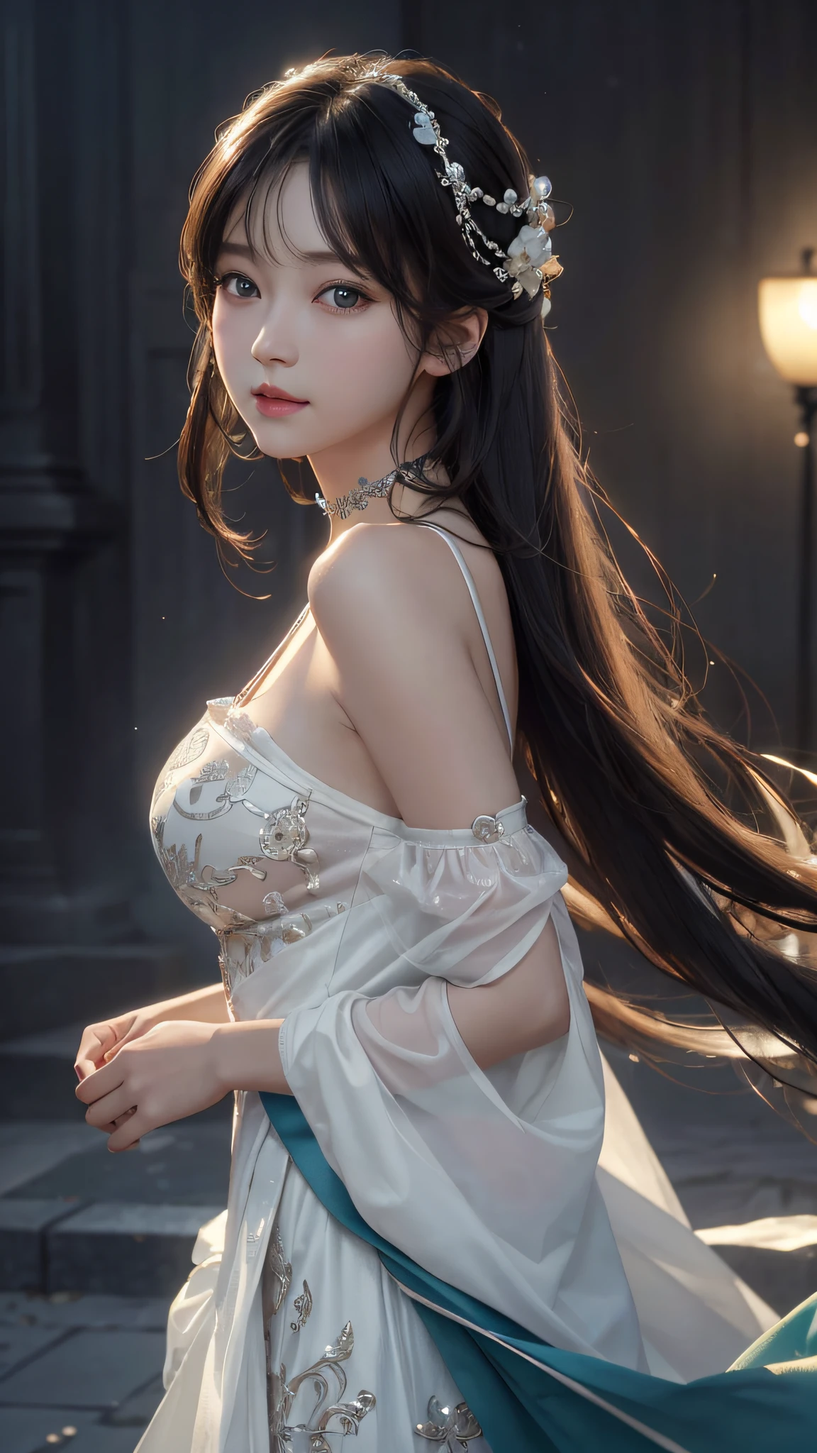 (Hyper-realistic) , (illustratio), (Increase the resolution), (8K), (extremely detaile), (Most Best Illustration), (美丽细致的眼睛), (best qualtiy), (ultra - detailed), (tmasterpiece), ( the wallpaper), (详细的脸), 独奏,1个Giant Breast Girl, looking at viewert, exquisite detailing, 详细的脸, deep shading,low tune,pureerosfaceace_V1, ssmile,long whitr hair,Black shawl straight hair,46 points oblique bangs,Best quality、tmasterpiece、A high resolution、1girll、hair adornments、choker necklace、jewely、pretty face、Physically、Tyndall effect、realisticlying、Shadow Studio、edge lit、bicolor lighting、(highdetailskin:1.2)、8K, Ultra HD、Digital SLR、softlighting、high high quality、volumettic light、sneak shot、photore、A high resolution、4K、8K, Yes、The background is blurred out,