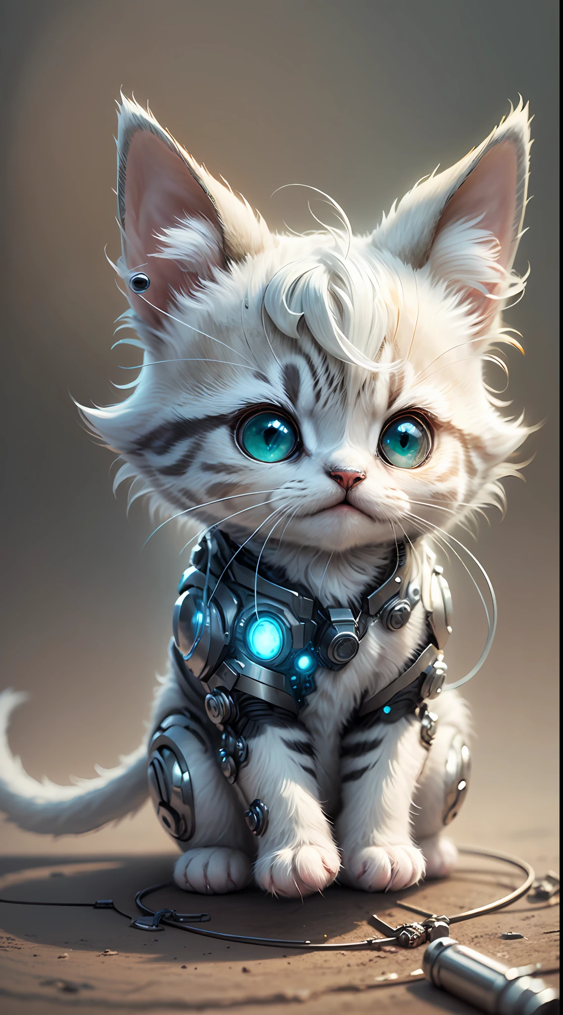 A cute metallic white fur kitten，(Cyborg:1.1)，([Tail|detailed wire]:1.3)，(complexdetails)，hdr，(complexdetails，ultra - detailed:1.2)，Cinema lenses，Halo shadow，at centre，White-haired kitten！！！，green color，ssmile，Funny，crystal，brightly