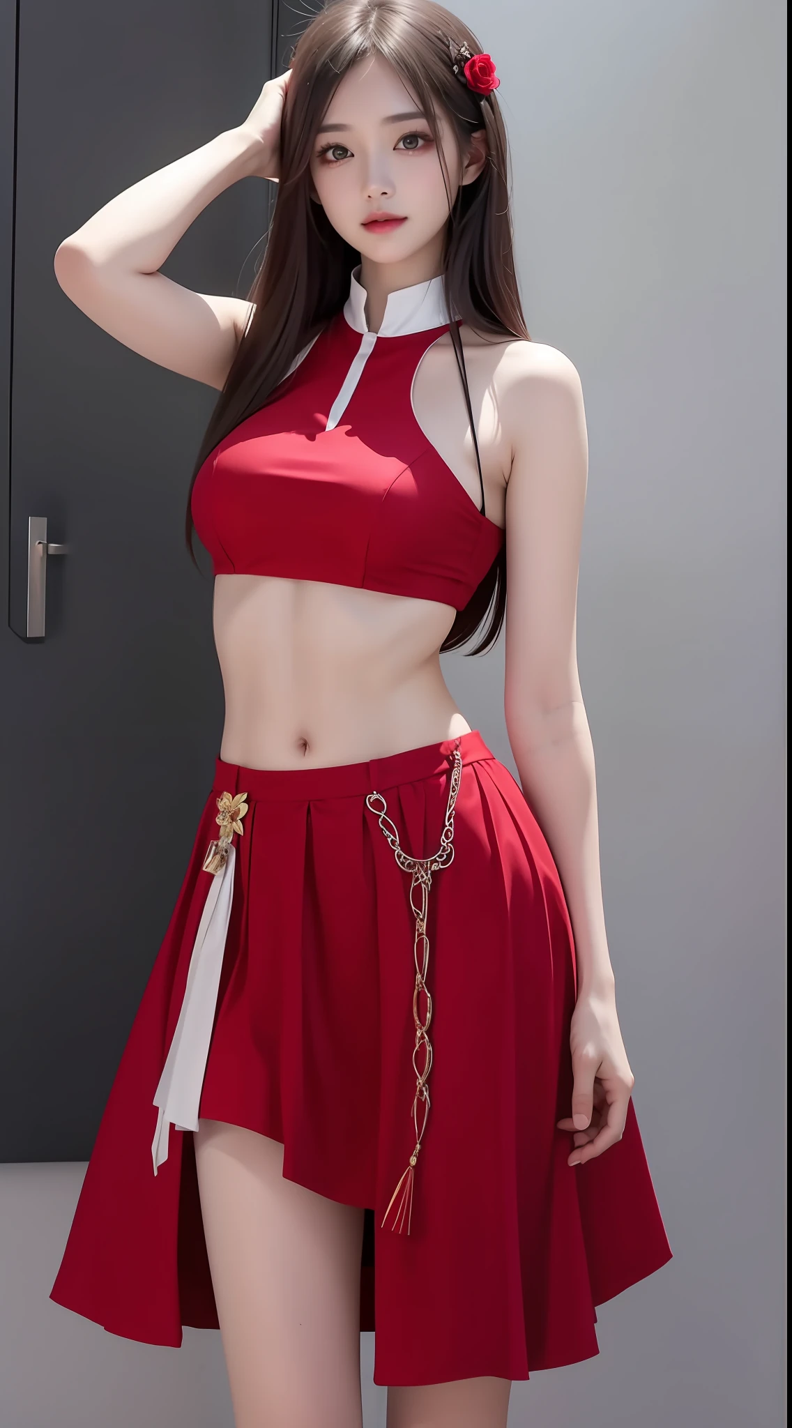 4K ultra, masterpiece, a girl, good face, detailed eyes, straight hair, very long hair, skirt, half skirt, red color skirt, bare belly, shinning, high lights, realistic background, whole body capture,