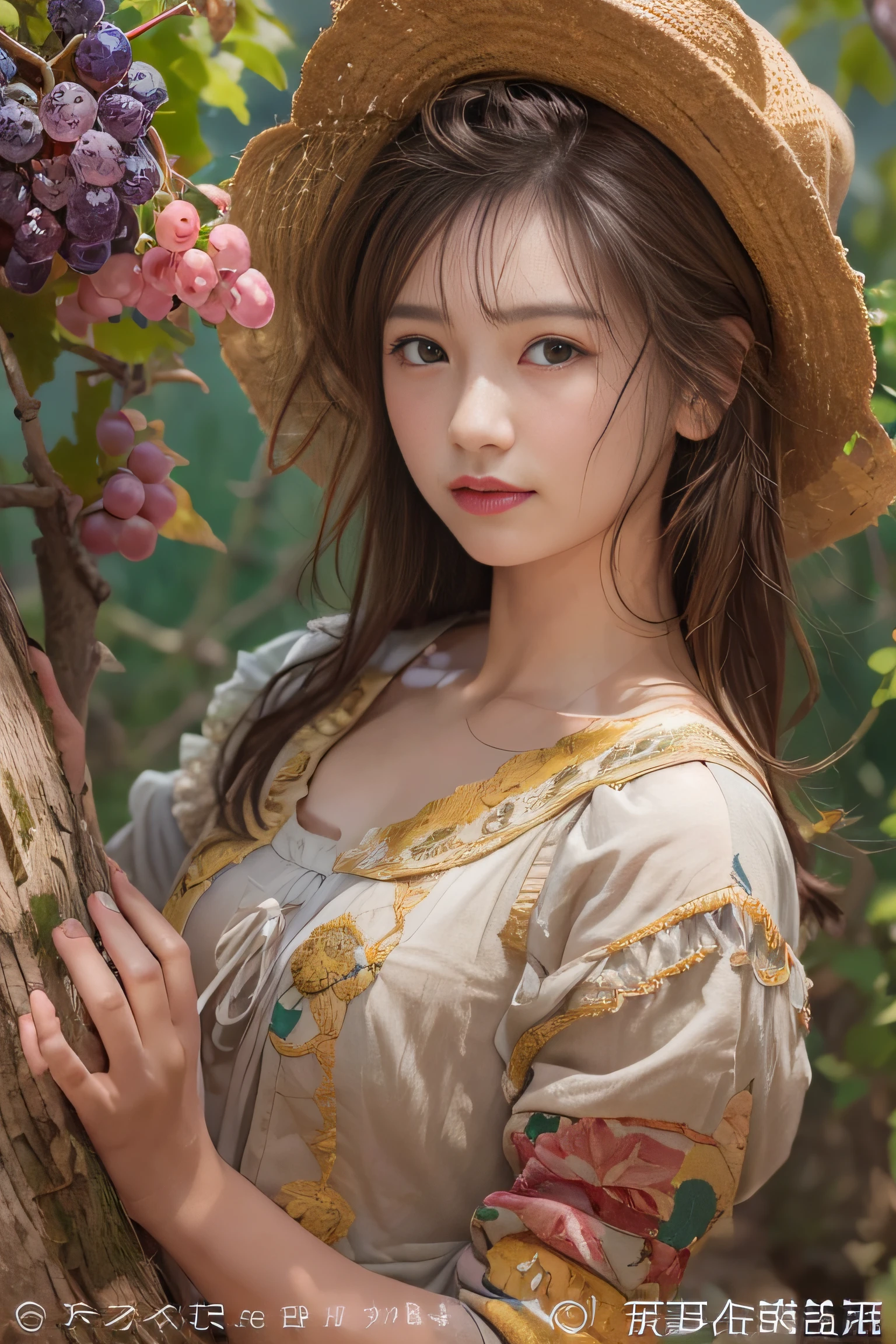1girl in, high detailing, renaissance, romanticism, American Propaganda Posters, Expressionism, Genre painting, Impressionism, nffsw, Anatomically correct, Textured skin, high details, awardwinning, Best Quality, hight resolution, 8K、beautiful countenance、A detailed face、country girl、20yr old、Beautie、The most beautiful women in the village、farming、(FULL BODYSHOT)、perfectly proportions、Curvaceous、Healthy beauty、Skip、a little bit smile、Happiness、Grape picking、Vineyards、Soft light、