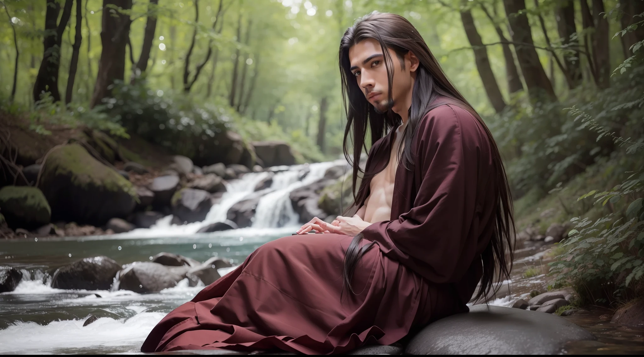 drawing, ultra realistic, 8k, extremely detailed, high quality, natural light image, daylight, sunlight ground light, ultra realistic image, realistic texture, extremely detailed, high quality, young man 20 years old, facial features persian prince, well designed goatee and defined, sitting on a rock, piercing sad gaze, despondent countenance, realistic skin, long hair realistic texture fluttering in the wind, wearing faded Tibetan monk robe, colorful, frontal image, sitting on a rock, surrounded by river, colorful forest, daytime , natural daylight, sun rays penetrating the forest, realistic texture,