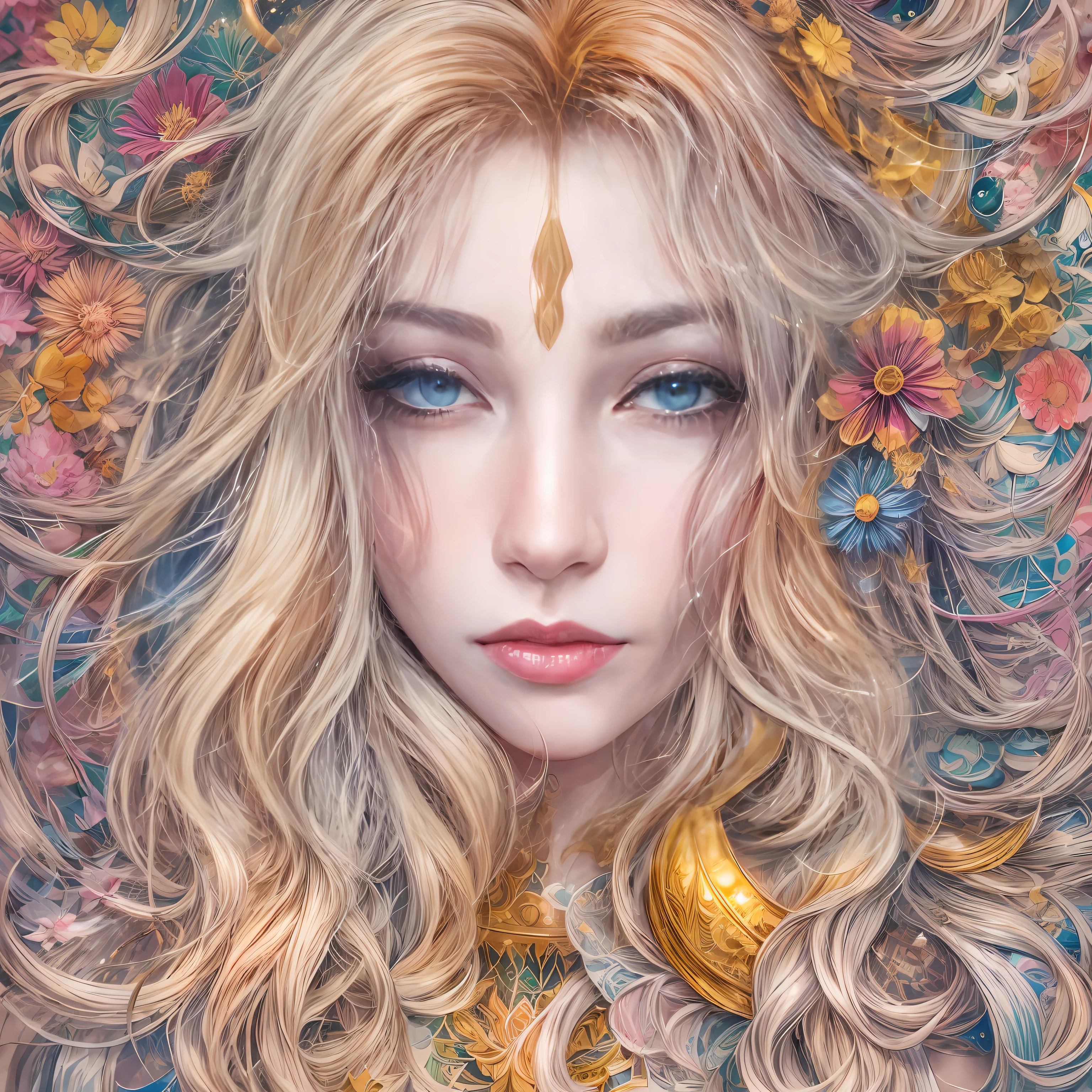 (Beauty side face,Delicate facial features,long whitr hair,eye closeds,Masterpiece Narcissus),with rainbow colored background,(illustratio:1.2,paper art:1.2, zentangle ,3Drenderingof),(best qualtiy,high detal,tmasterpiece,Cinematic lighting effects,4K,Chiaroscuro)