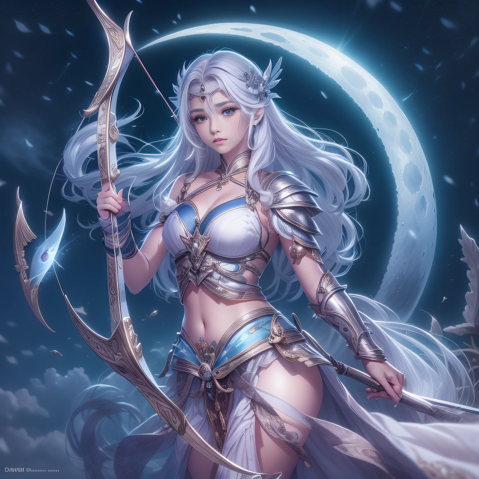 (Archer girl dressed in armor like an enchanting moon goddess),(Realistic Beautiful Night Sorceress),(Artemis, goddess of the moon),Silver bow and arrow with luxurious decoration in the hand,Ready to shoot the bow,mysterious girl,Amazing effect,(small tits),Lifelike face,Compassionate eyes,cute  face,Blue eyes,Realistic Nada Room,Silver hair shining like the moon,de pele branca,Young Goddess,Photoquality,Dignified Moon,Tsurime,Blue glowing eyes,