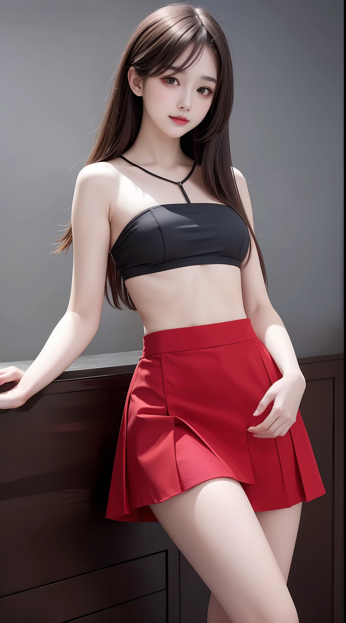 4K ultra, masterpiece, a girl, good face, detailed eyes, straight hair, very long hair, skirt, half skirt, red color skirt, bare belly, shinning, high lights, realistic background, whole body capture,