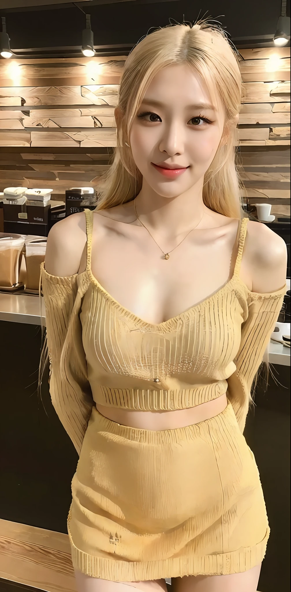 ((Midnight, Best quality, 8k, Masterpiece :1.3)), Whole body, Long legs, Sharp focus :1.2, A pretty woman with perfect figure :1.4, Slender abs, thigh :1.1, ((bright yellow hair, Big breasts :1.2)), (sweater, shorts skirt, hand on the table :1.2), ((coffee shop :1.3)), Highly detailed face and skin texture, Detailed eyes, Double eyelid, closer look, happy face, ponytail