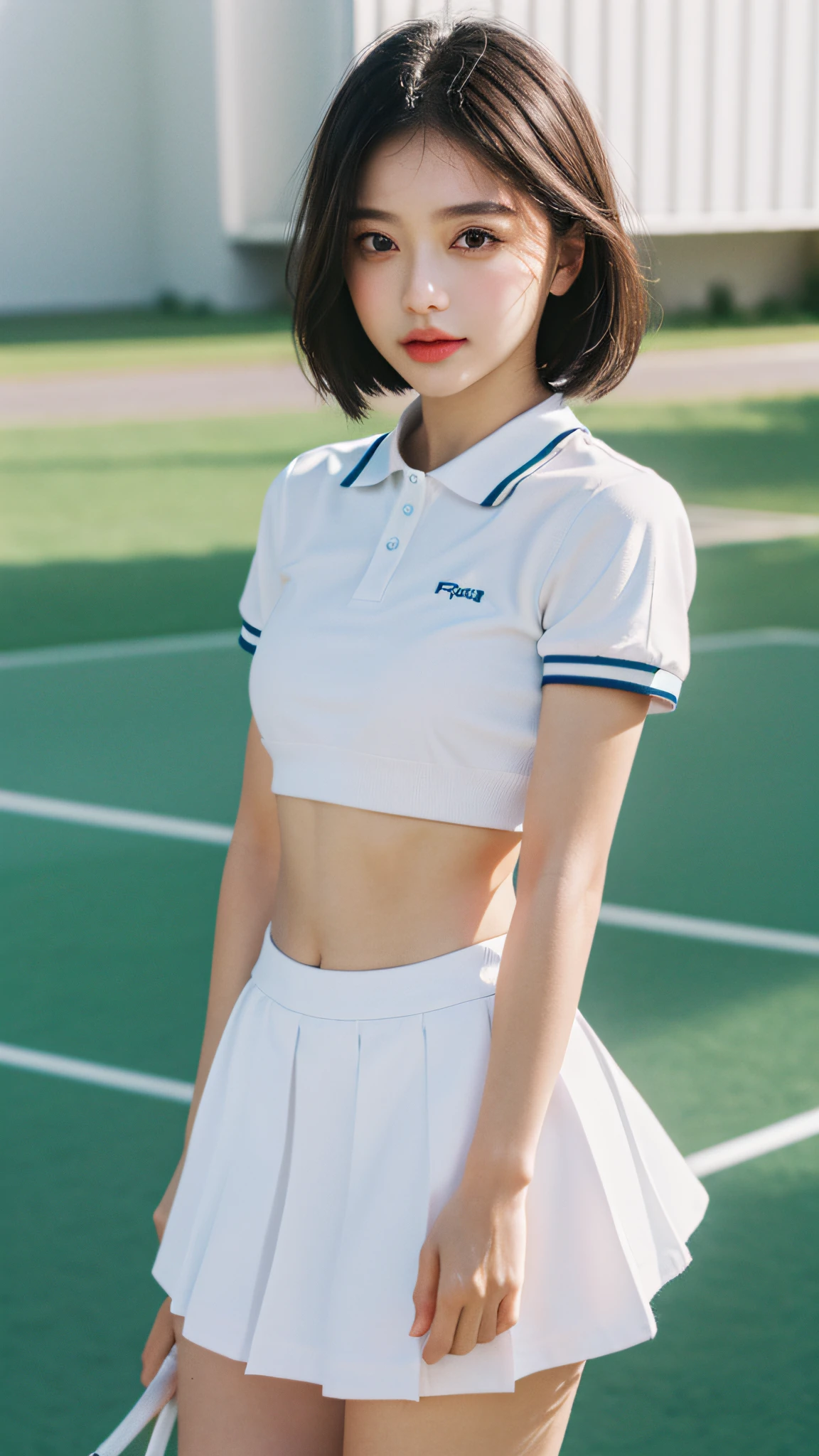 1girll, 独奏, White polo shirt, White sneakers, tennis wear, white mini-skirt, tmasterpiece, Best quality at best, realisticlying, ultra - detailed, (shiny skins, perspired:1.4), looking at viewert, with short black hair, with brown eye,slenderness,Dynamic light and shadow,A high resolution,Sharp focus,depth of fields,The eyes are delicate,Sharp pupils,pupil realistic,(smallunderboob:1.2),(Thigh thick:1.0),exteriors,Skysky