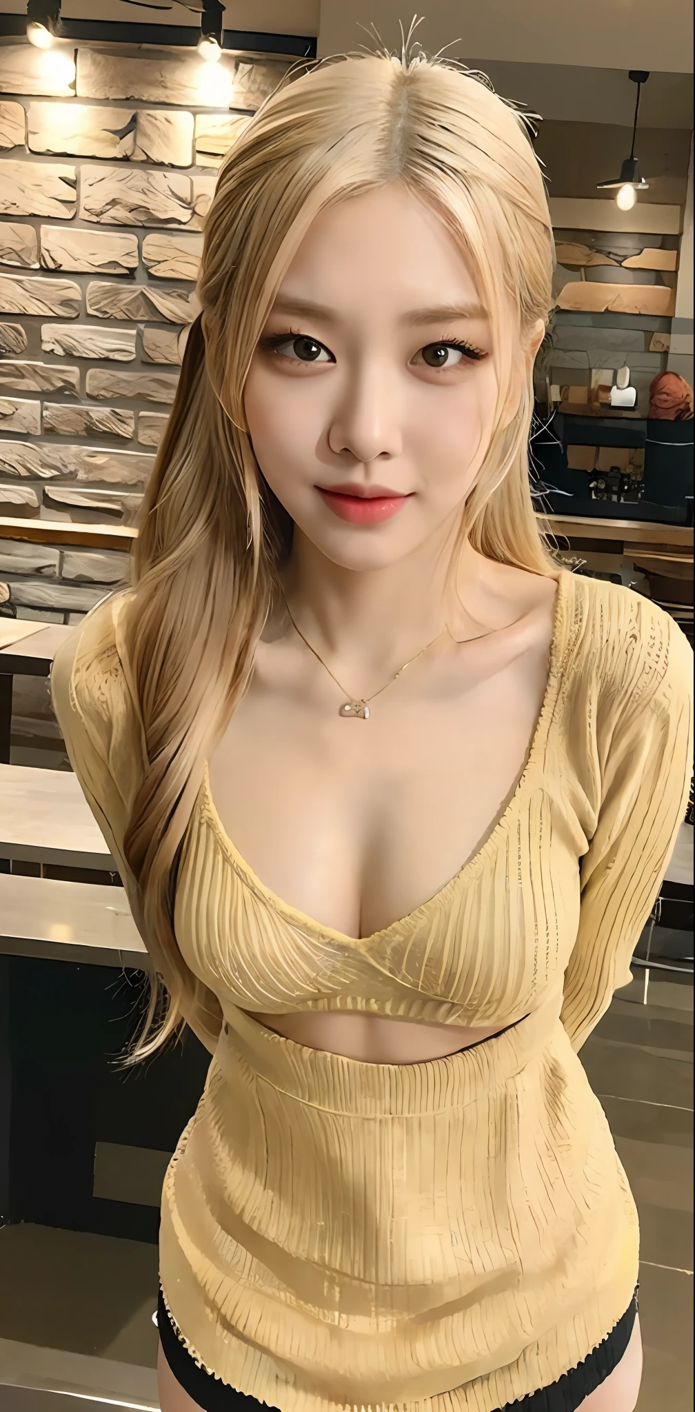 ((Midnight, Best quality, 8k, Masterpiece :1.3)), Whole body, Long legs, Sharp focus :1.2, A pretty woman with perfect figure :1.4, Slender abs, thigh :1.1, ((bright yellow hair, Big breasts :1.2)), (sweater, shorts skirt, hand on the table :1.2), ((coffee shop  :1.3)), Highly detailed face and skin texture, Detailed eyes, Double eyelid, closer look, happy face, ponytail