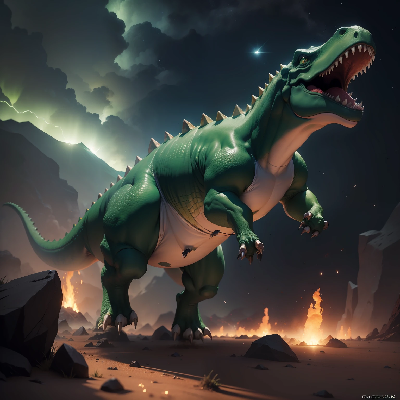 Green dinosaur running with meteors falling from the sky (realista 4k) (textura na pele) (lifelike lighting)