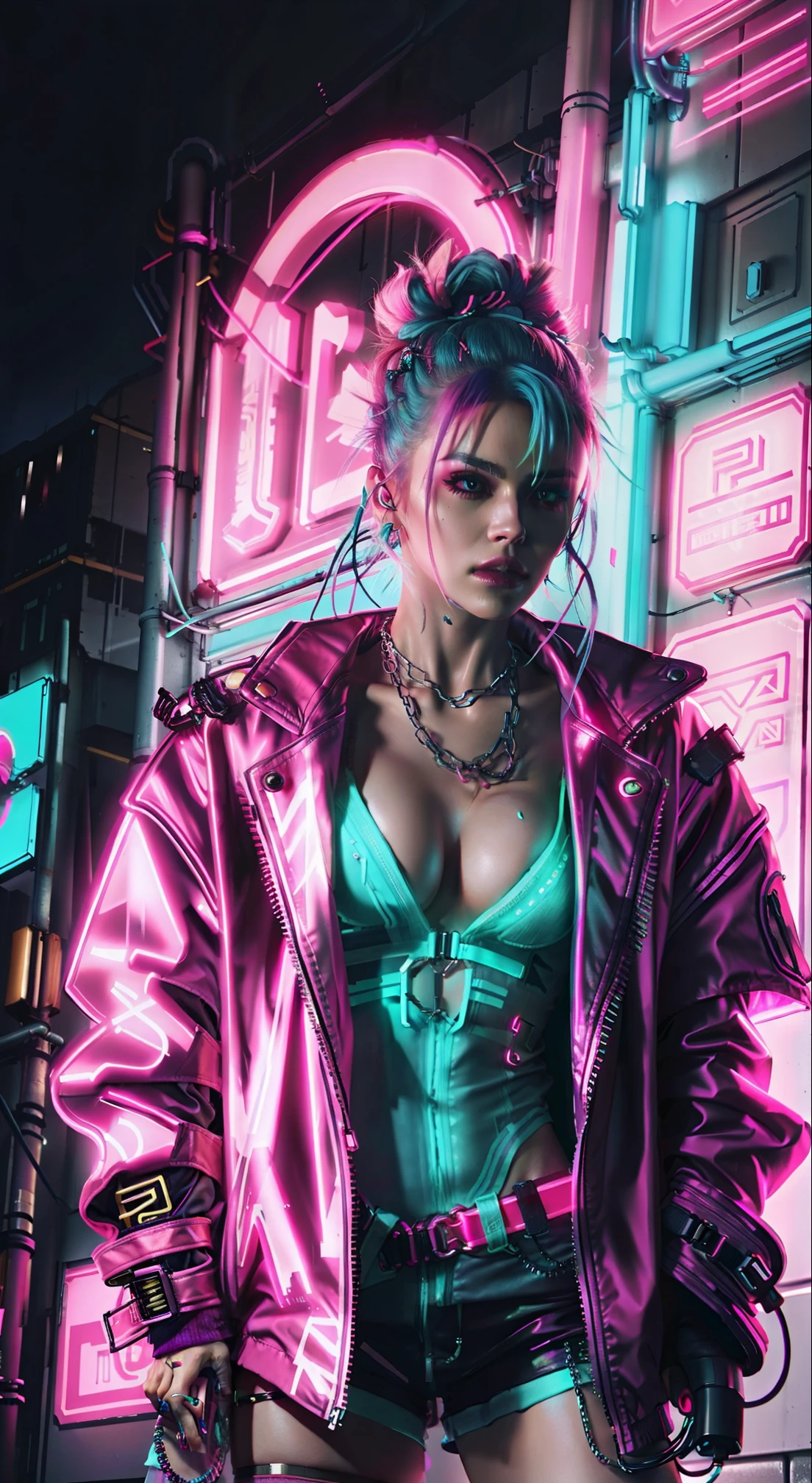 a close up of a woman in a neon outfit talking on a cell phone, cyberpunk vibe, cyberpunk with neon lighting, bright cyberpunk glow, cyberpunk vibes, cyberpunk lighting, cyberpunk style, neon cyberpunk style, in cyberpunk style, cyberpunk look, dreamy cyberpunk girl, cyberpunk photo, neon cyberpunk, cyberpunk aesthetic, cyberpunk streetwear, aesthetic cyberpunk, cyberpunk art style, wearing cyberpunk streetwear,jacket