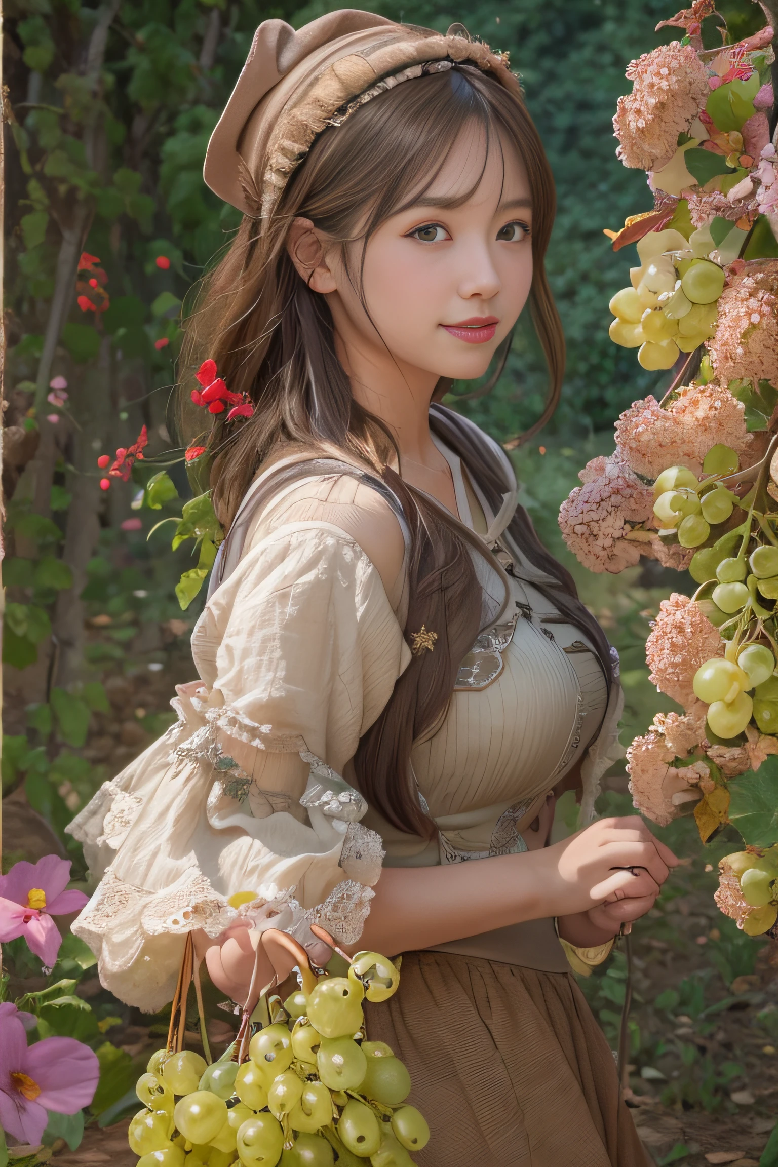 1girl in, high detailing, renaissance, romanticism, American Propaganda Posters, Expressionism, Genre painting, Impressionism, nffsw, Anatomically correct, Textured skin, high details, awardwinning, Best Quality, hight resolution, 8K、beautiful countenance、A detailed face、country girl、20yr old、Beautie、The most beautiful women in the village、farming、(FULL BODYSHOT)、perfectly proportions、Curvaceous、Healthy beauty、Skip、a little bit smile、Happiness、Grape picking、Vineyards、Soft light、