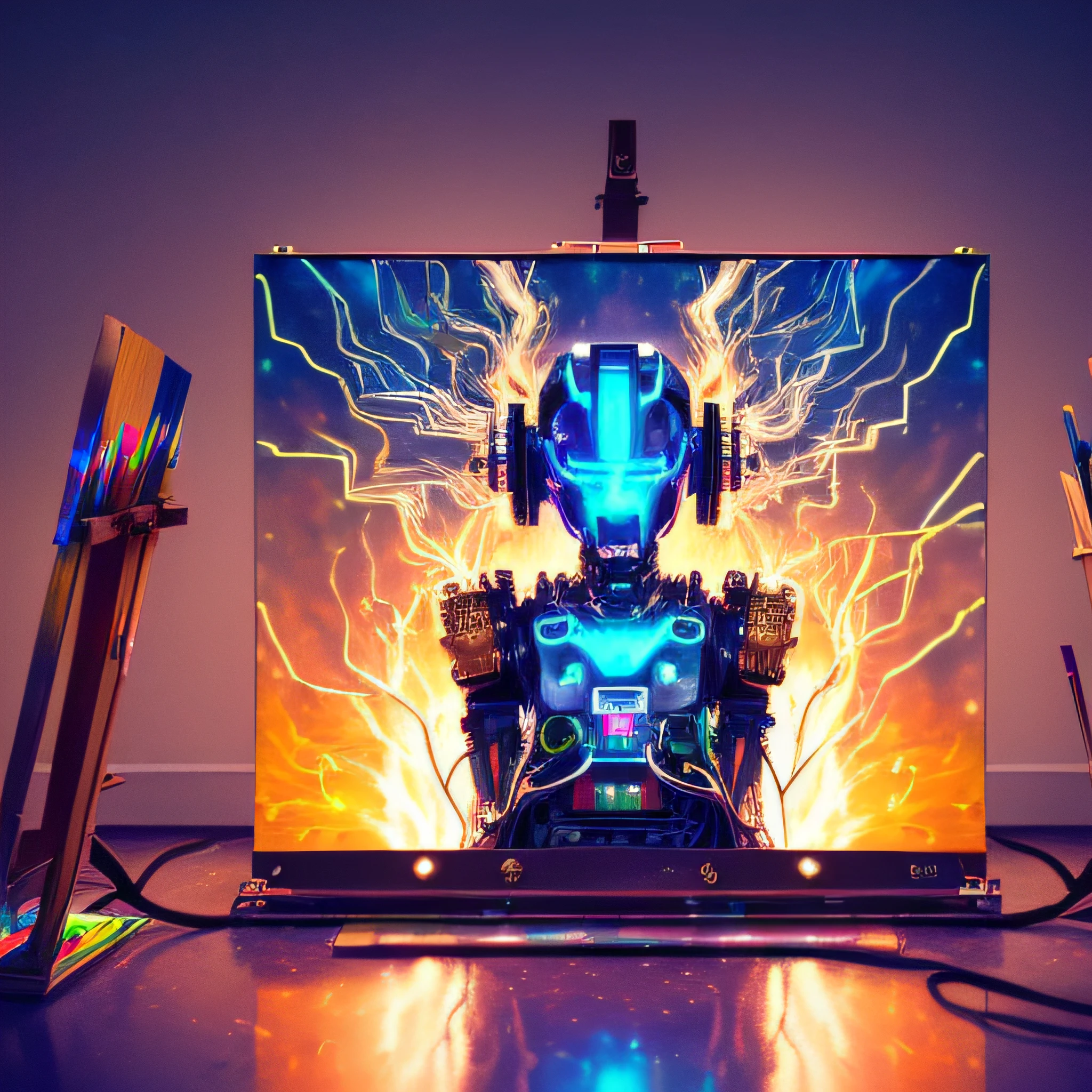 (masterpiece, best quality, highres, absurdres, detailed:1.2), humanoid, robot, wearing headphones, looking away, (cyberpunk, art canvas, paint brush, easel, iridescent, holographic: 1.6), (cables, wires, flames, fire, smoke, overheat, explosion, indoors, room, simple background)