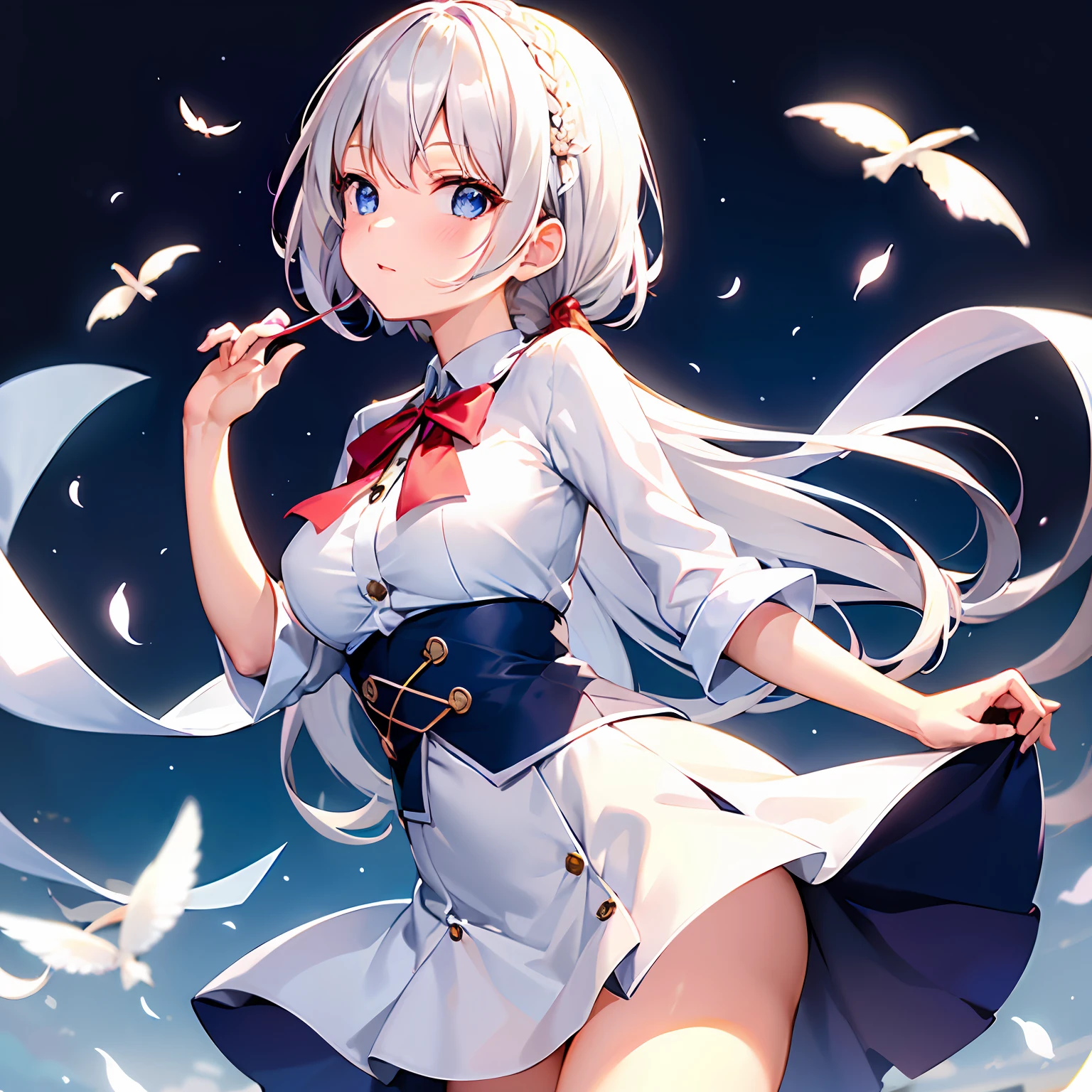 (masutepiece, Best Quality:1.2), 1 girl in、独奏、Idol、blanche、White hair、Beautiful and delicate skin、Beautiful delicate blue eyes、Cute、校服、Say everyone is cute、Redness of cheeks、Wear a beautiful and delicate uniform、She wears a beautiful red ribbon in her hair.、skirt by the、middlebreasts、Put your hands behind your back、Background with、stage、