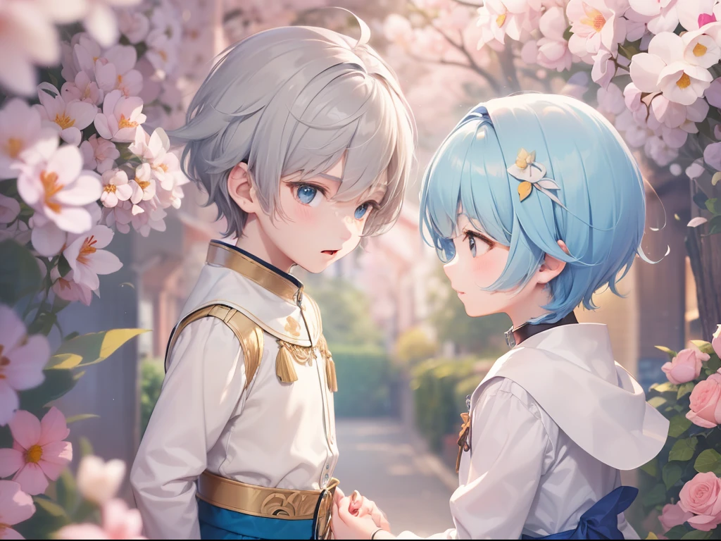 Generate a photo,Best quality, tmasterpiece, An older brother holds a younger sister's hand, This older brother comes face to face with this sister, This brother has short blue hair, Tall and handsome, This sister has short white hair，Small stature
