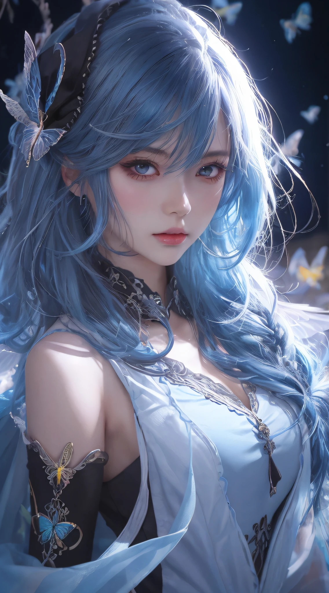 Anime girl with blue hair and blue butterfly wings, Detailed digital anime art, Extremely detailed Artgerm, 8K high quality detailed art, Art germ on ArtStation Pixiv, Fanart Meilleure ArtStation, Art germ. anime illustration, Art germ. High detail, Guweiz on ArtStation Pixiv, Guweiz in Pixiv ArtStation