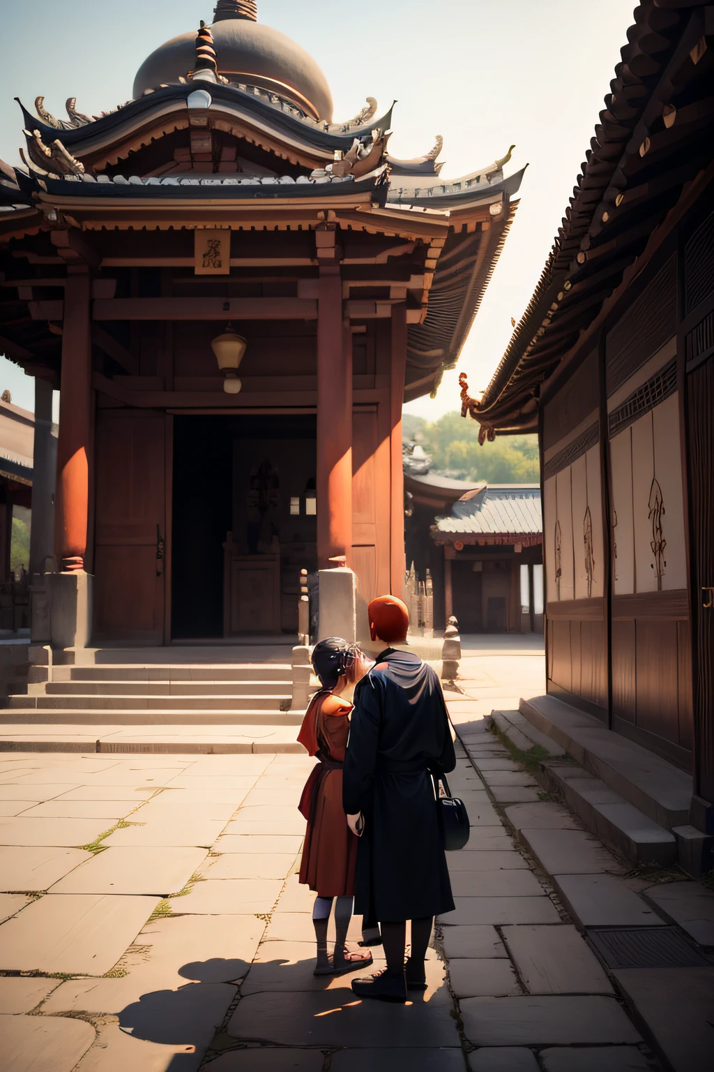 The girl and the monk say goodbye in front of the temple