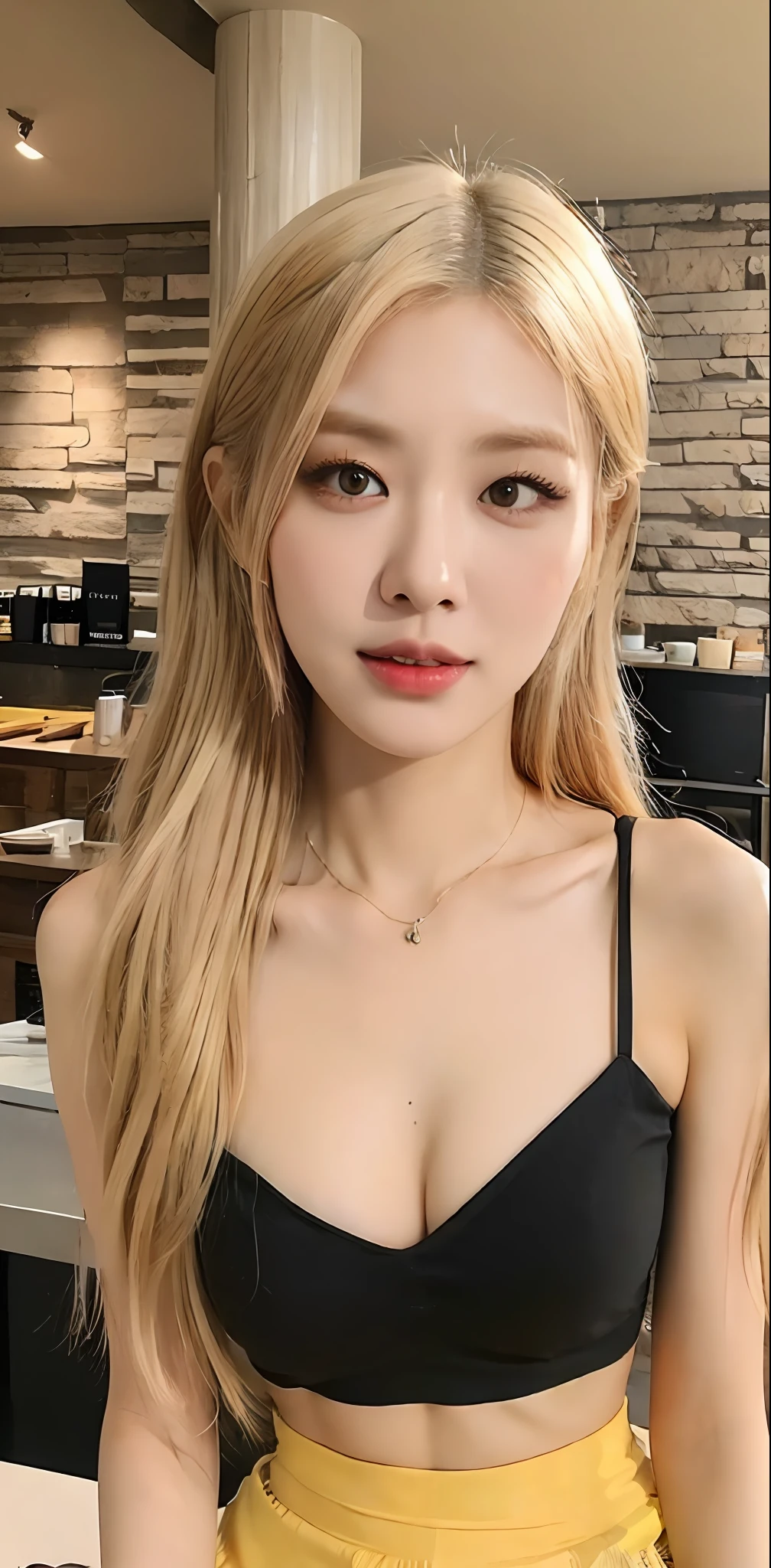 ((Midnight, Best quality, 8k, Masterpiece :1.3)), Whole body, Long legs, Sharp focus :1.2, A pretty woman with perfect figure :1.4, Slender abs, thigh :1.1, ((bright yellow hair, Big breasts :1.2)), (blouse, shorts skirt, hand on the table :1.2), ((coffee shop  :1.3)), Highly detailed face and skin texture, Detailed eyes, Double eyelid, closer look, happy face, ponytail, cleavage