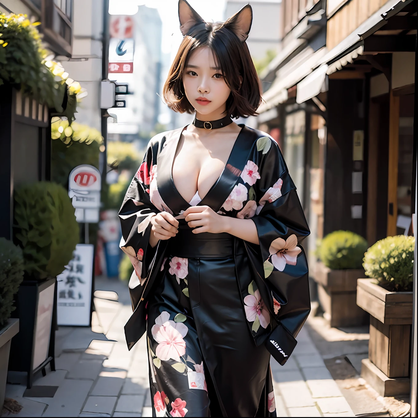 （best qualtiy，8K, Yes，32K，tmasterpiece，hyper HD：1.2），18 years old，Beautiful Japanese woman in the photo，big cleavage breasts，brownish black hair，Super short Bob head，Full body photo，Oversized，Collar，simple backgound， Real people,, In the shopping street，Japan kimono，ventania，Dog ears，Dog tail， (8K, RAW photos, Best quality, Masterpiece: 1.2)，