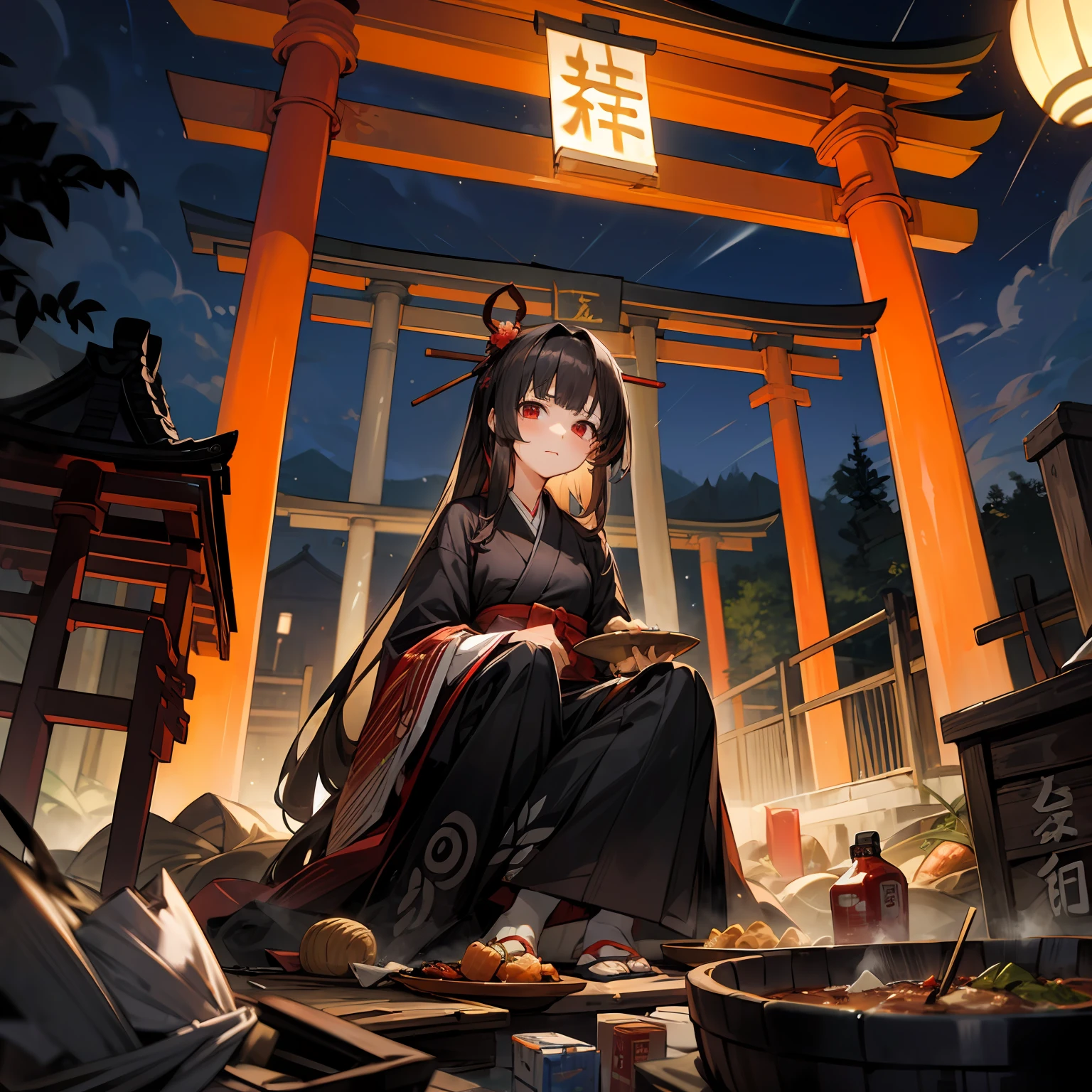 (masterpiece, best quality),(night,trash,junk:1.3),(torii,casserole),1girl,messy,empty can,black hair,long hair,messy hair,red eyes,black clothes,japanese clothes,crate,skewer,tokkuri,sukiyaki,oden,small breasts,sit on the ground,symmetry